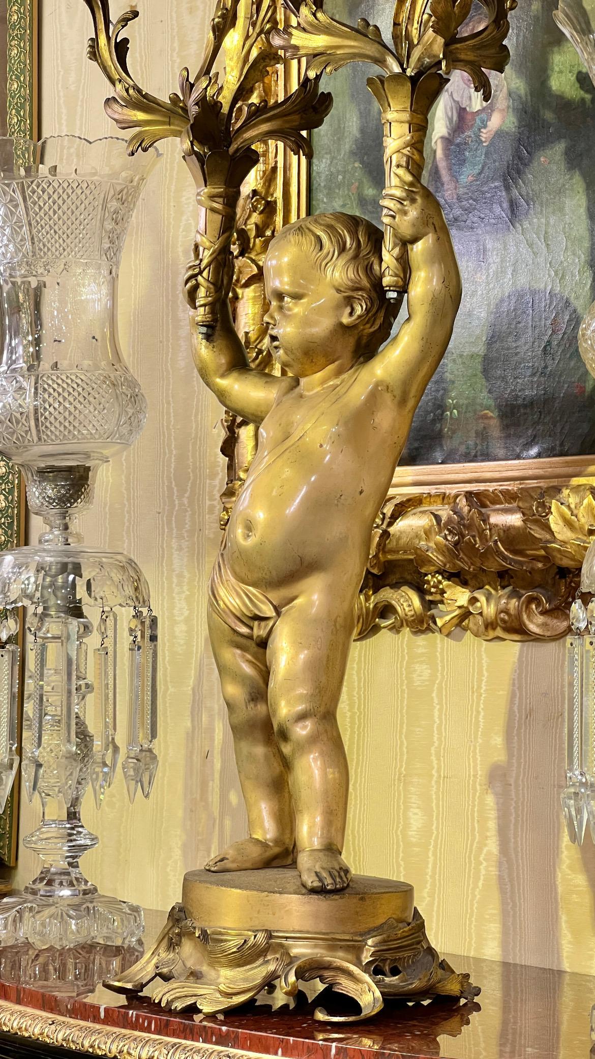 Large French 19 century Louis XVI style Cherub Figural Gilt Bronze Candelabrum In Good Condition For Sale In New York, NY