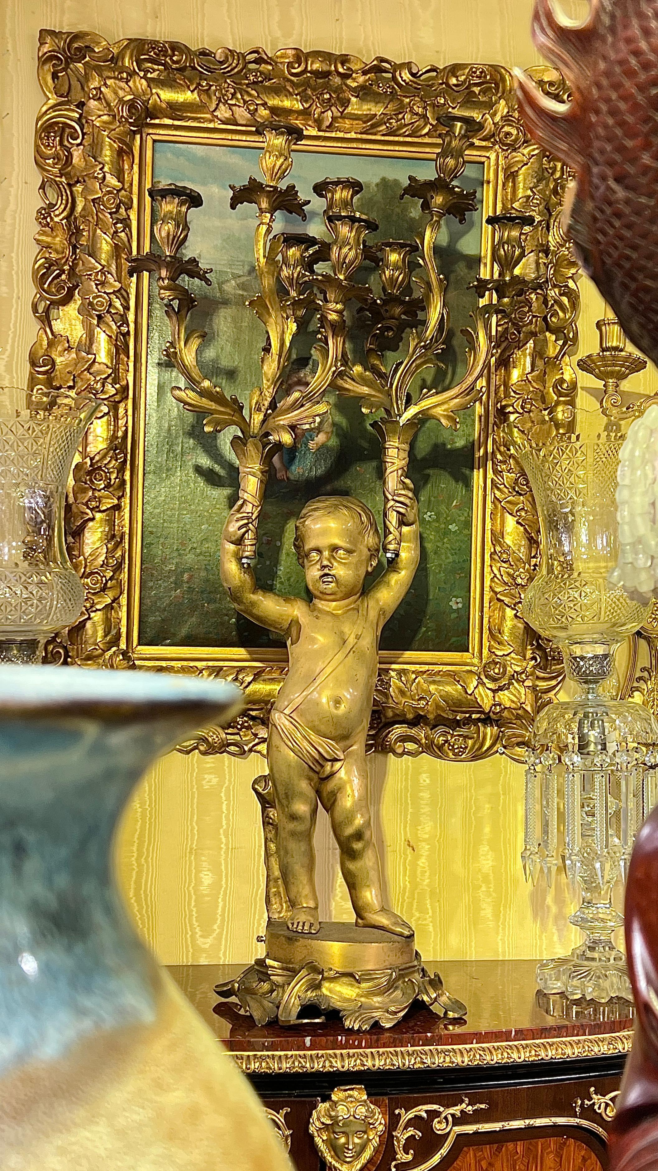Large French 19 century Louis XVI style Cherub Figural Gilt Bronze Candelabrum For Sale 1