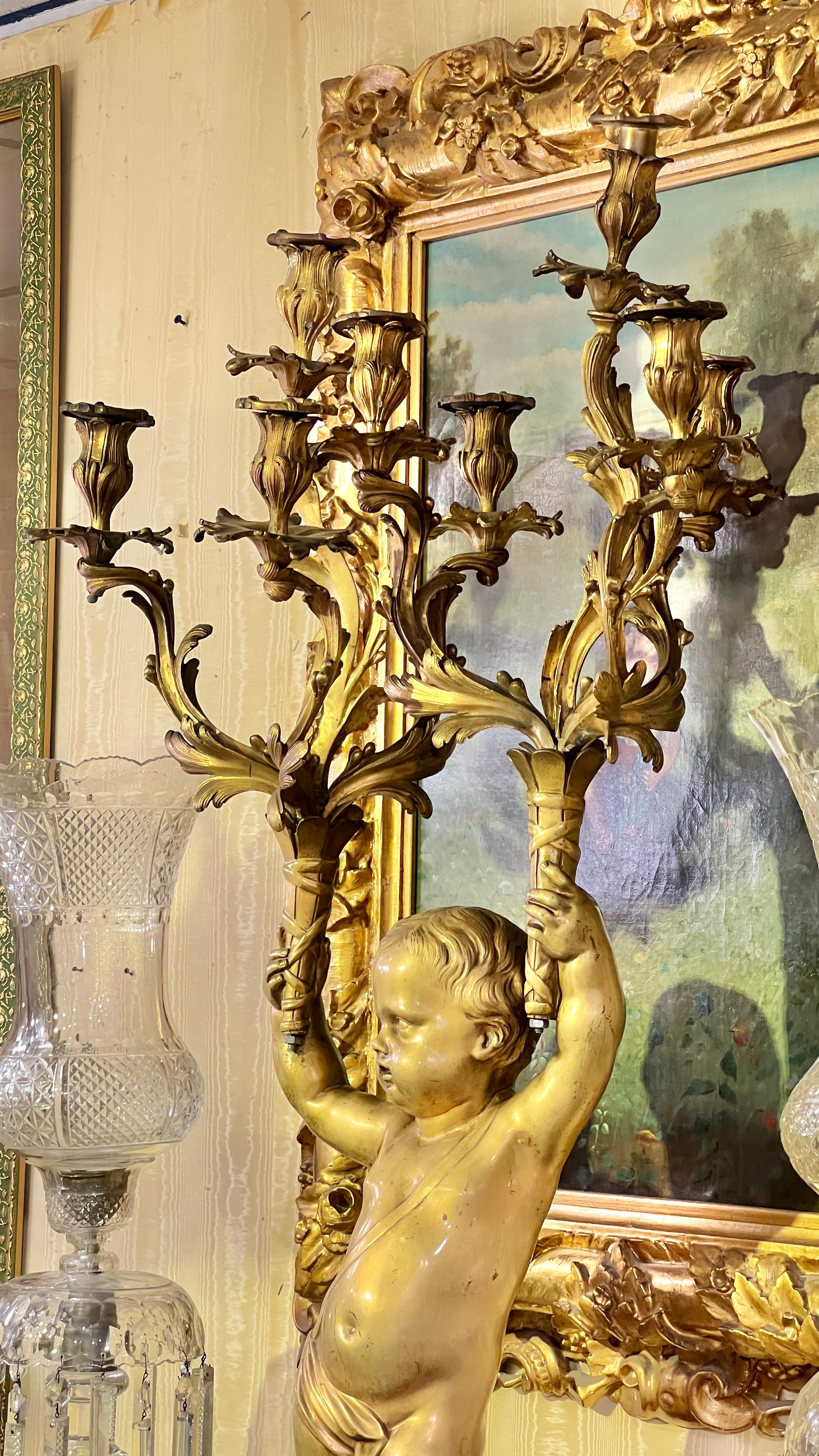 Large French 19 century Louis XVI style Cherub Figural Gilt Bronze Candelabrum For Sale 3