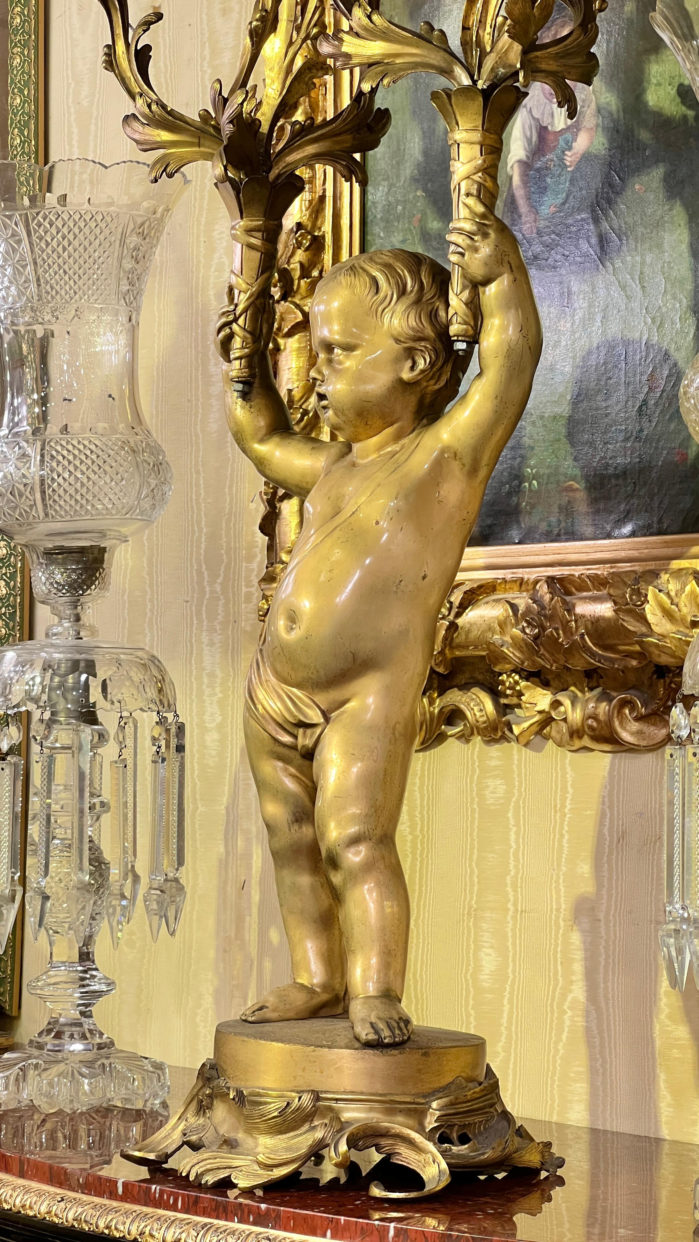 Large French 19 century Louis XVI style Cherub Figural Gilt Bronze Candelabrum For Sale 4