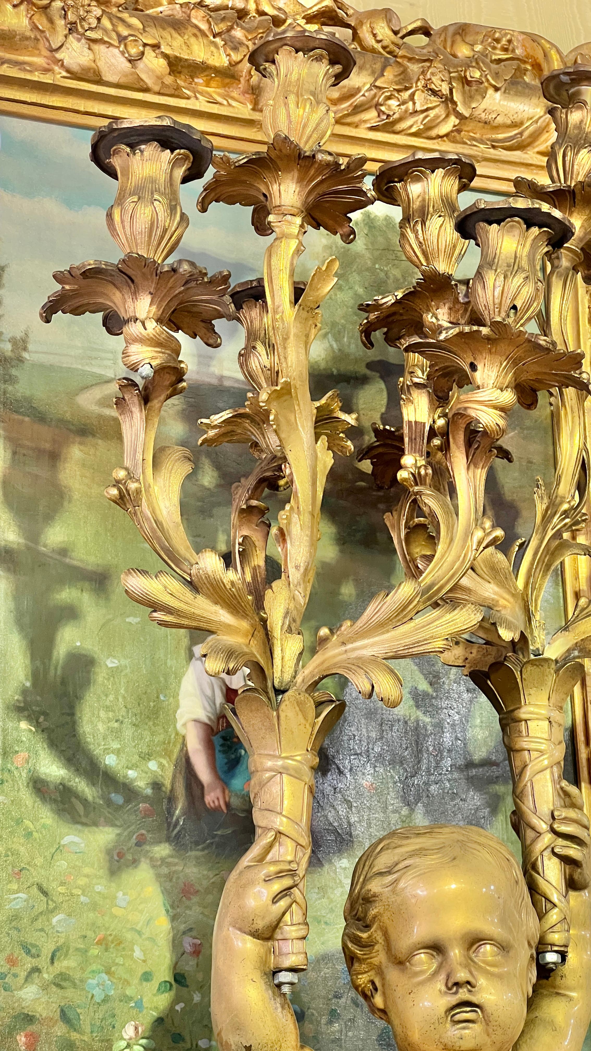 Large French 19 century Louis XVI style Cherub Figural Gilt Bronze Candelabrum For Sale 5