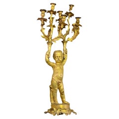 Large French 19 century Louis XVI style Cherub Figural Gilt Bronze Candelabrum