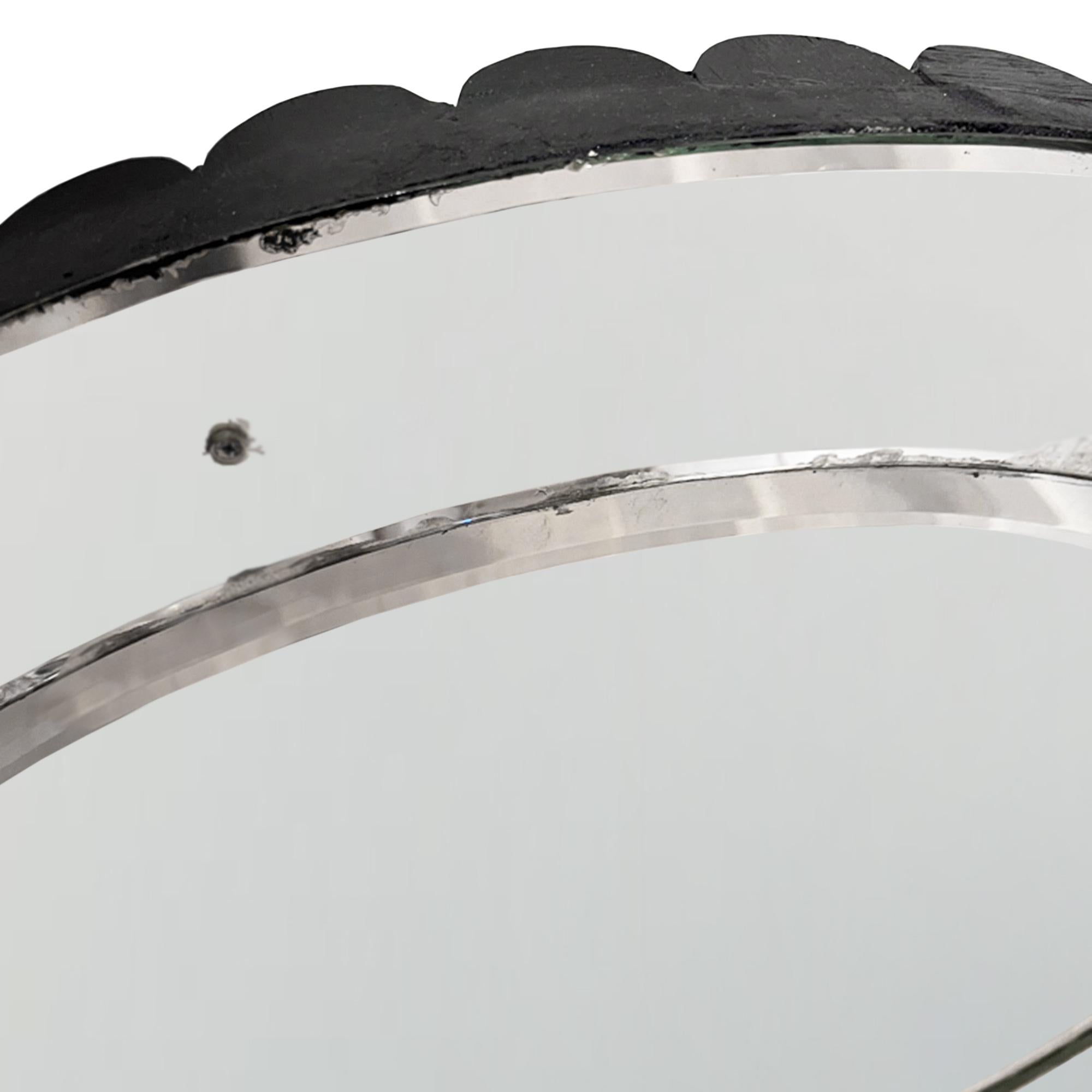 Art Deco Large French 1920s Round Mirror With Ebonised Scalloped Edge For Sale