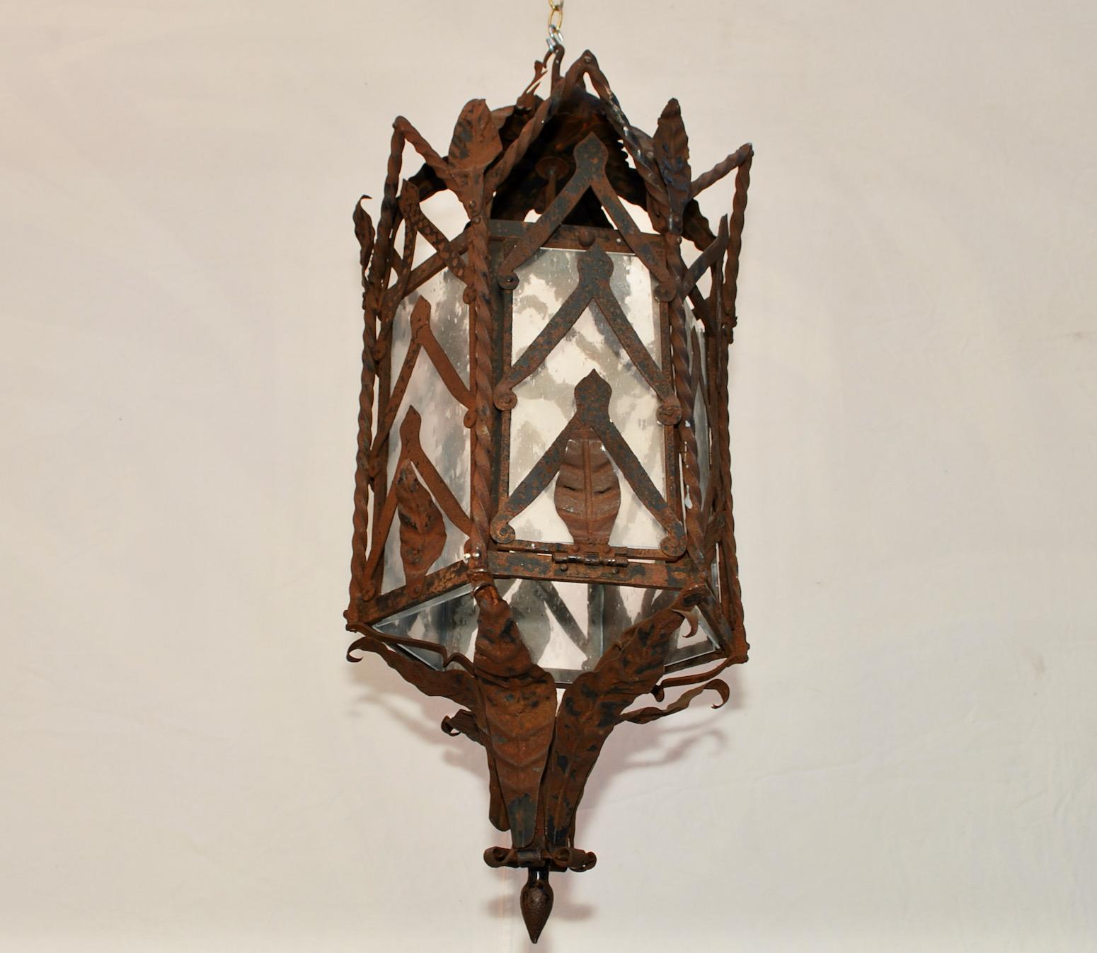 Large French 1920's Rustic Iron Lantern In Distressed Condition For Sale In Los Angeles, CA