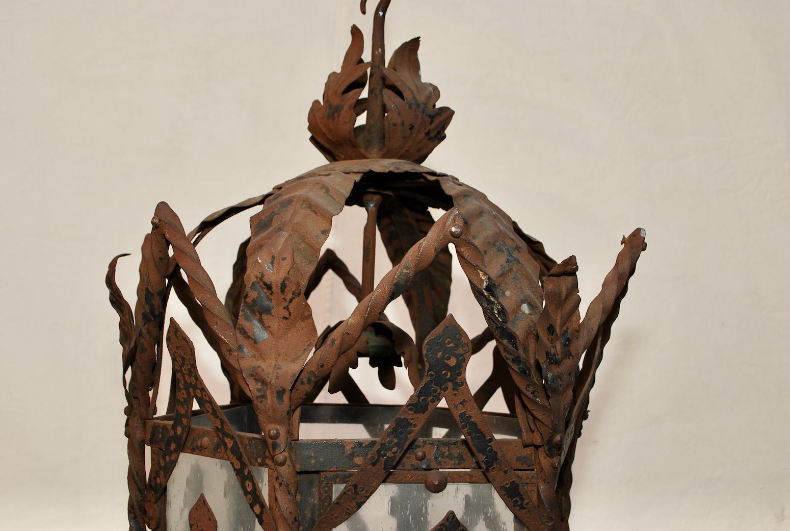 Early 20th Century Large French 1920's Rustic Iron Lantern For Sale