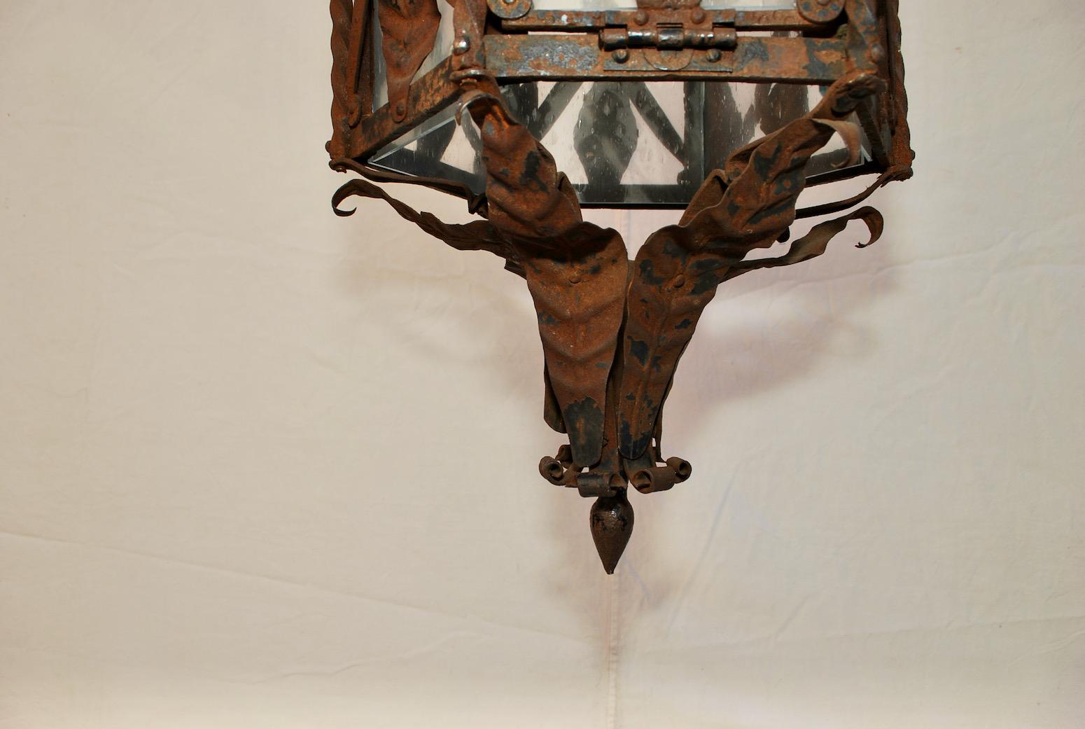 Glass Large French 1920's Rustic Iron Lantern For Sale