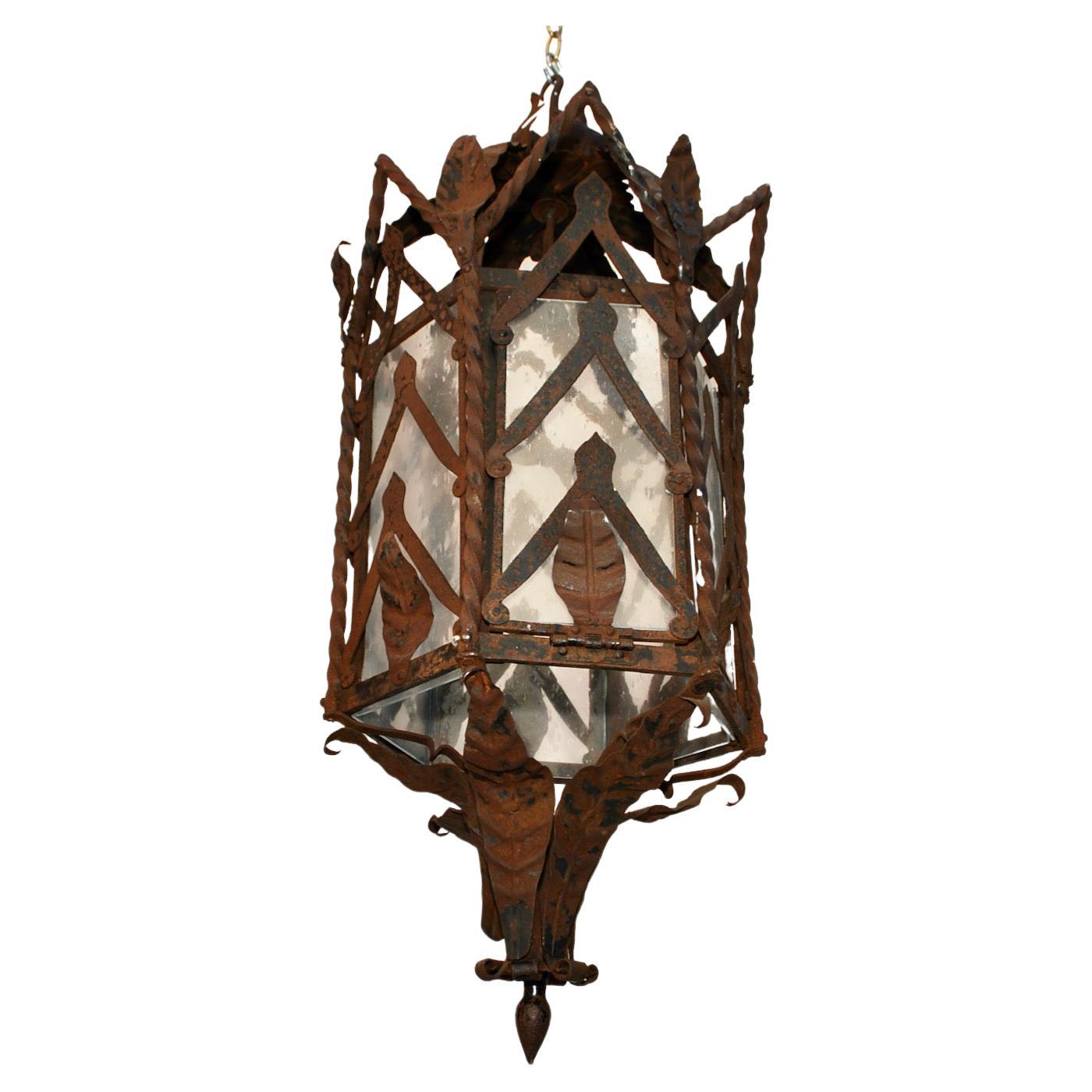 Large French 1920's Rustic Iron Lantern For Sale