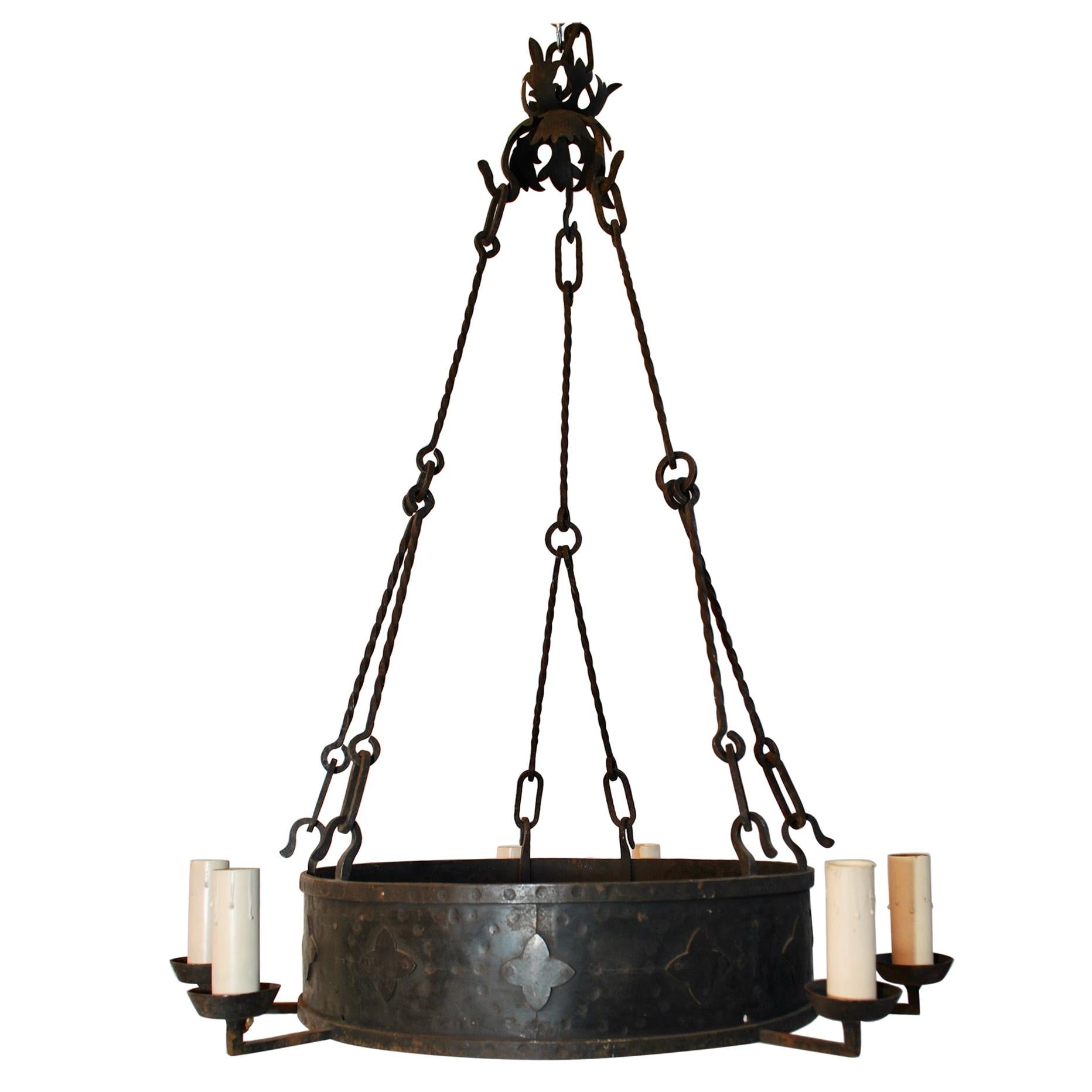 Large French 1920s Wrought Iron Chandelier For Sale