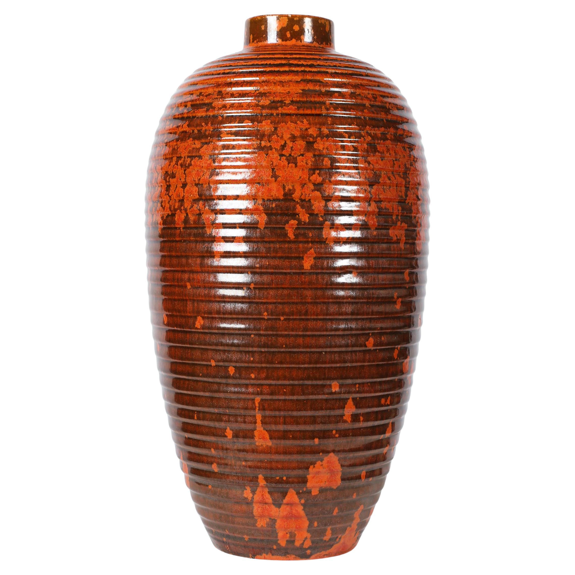 Large French 1930s Art Deco Orange Glazed Ceramic Primavera Vase
