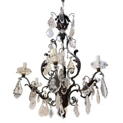 Large French 1940s Wrought Iron & Tole Wear, Rock Crystal Chandelier
