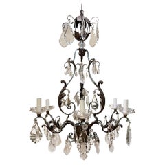 Large French 1940s Wrought Iron & Tole Wear, Rock Crystal Chandelier