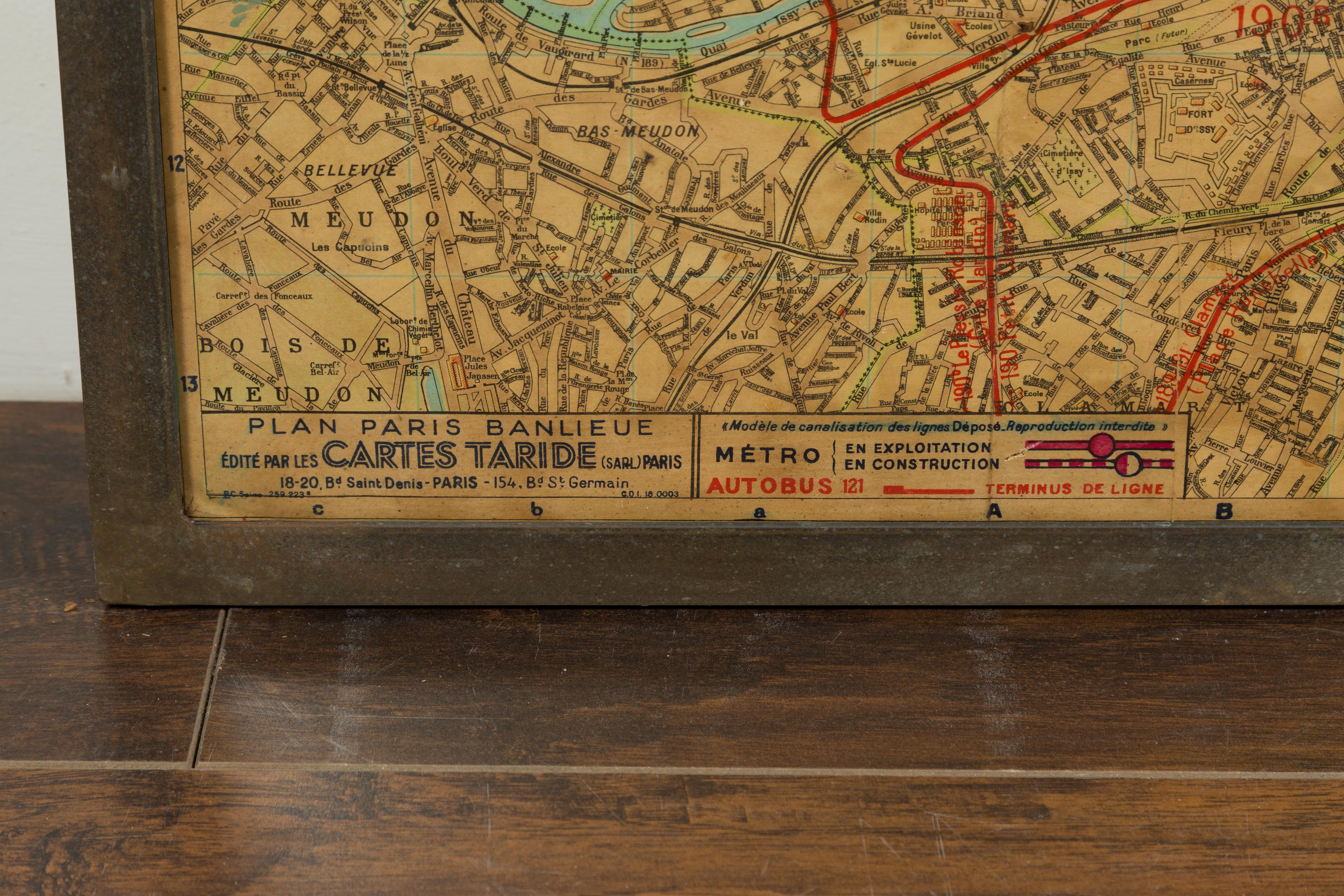 Large French 1950s Paris Metro Map Under Glass with Custom Made Iron Frame 1