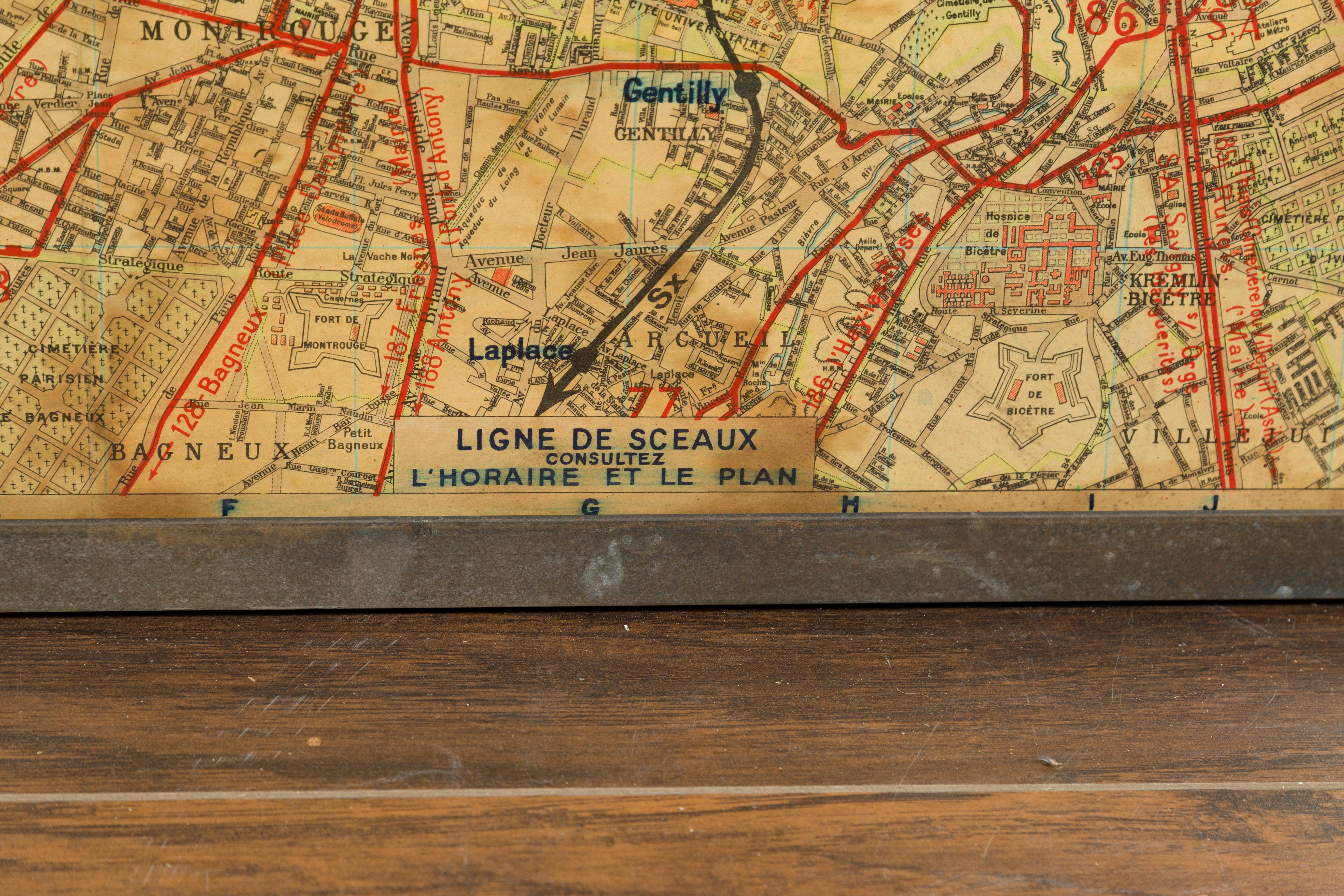 Large French 1950s Paris Metro Map Under Glass with Custom Made Iron Frame 3