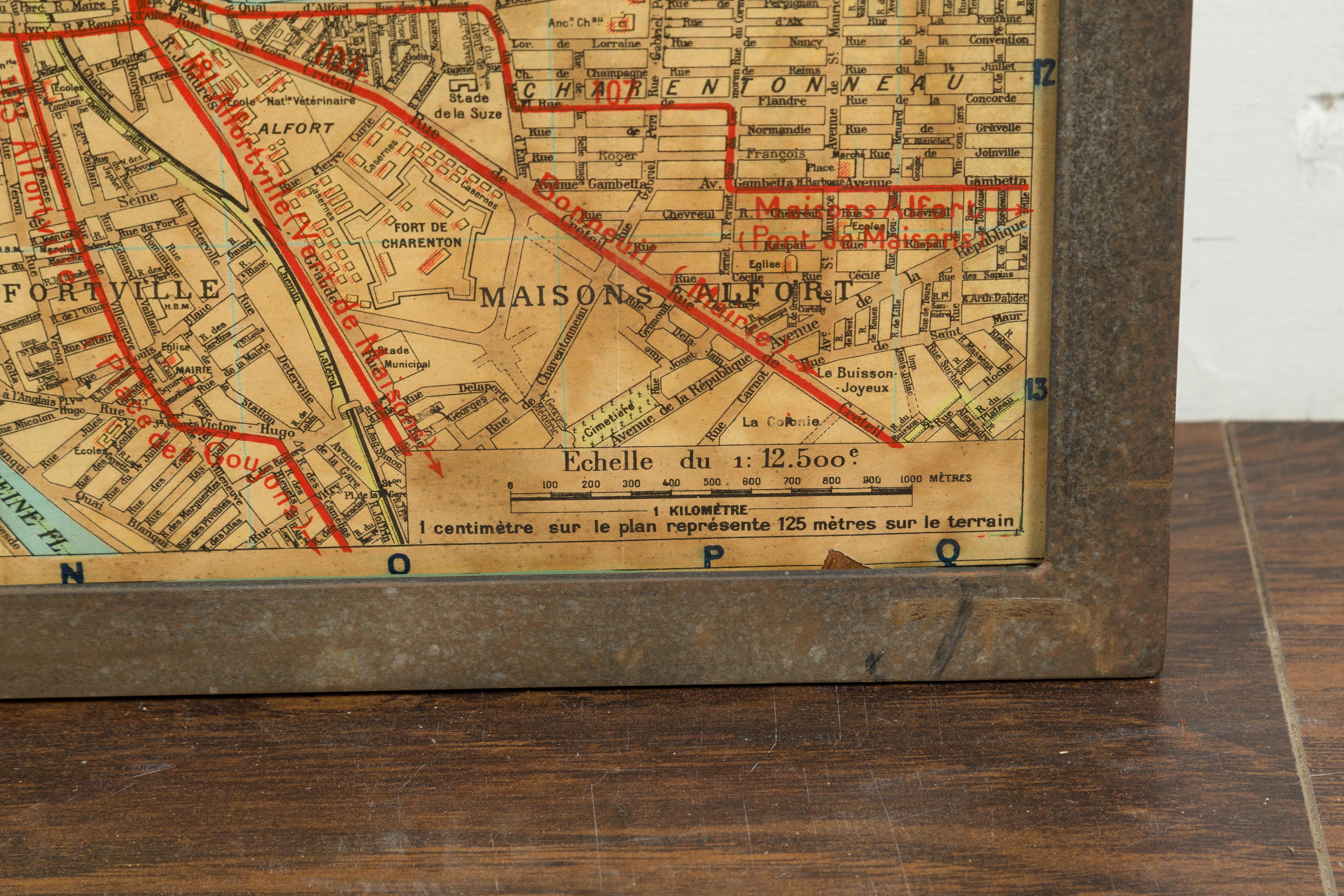 Large French 1950s Paris Metro Map Under Glass with Custom Made Iron Frame 4