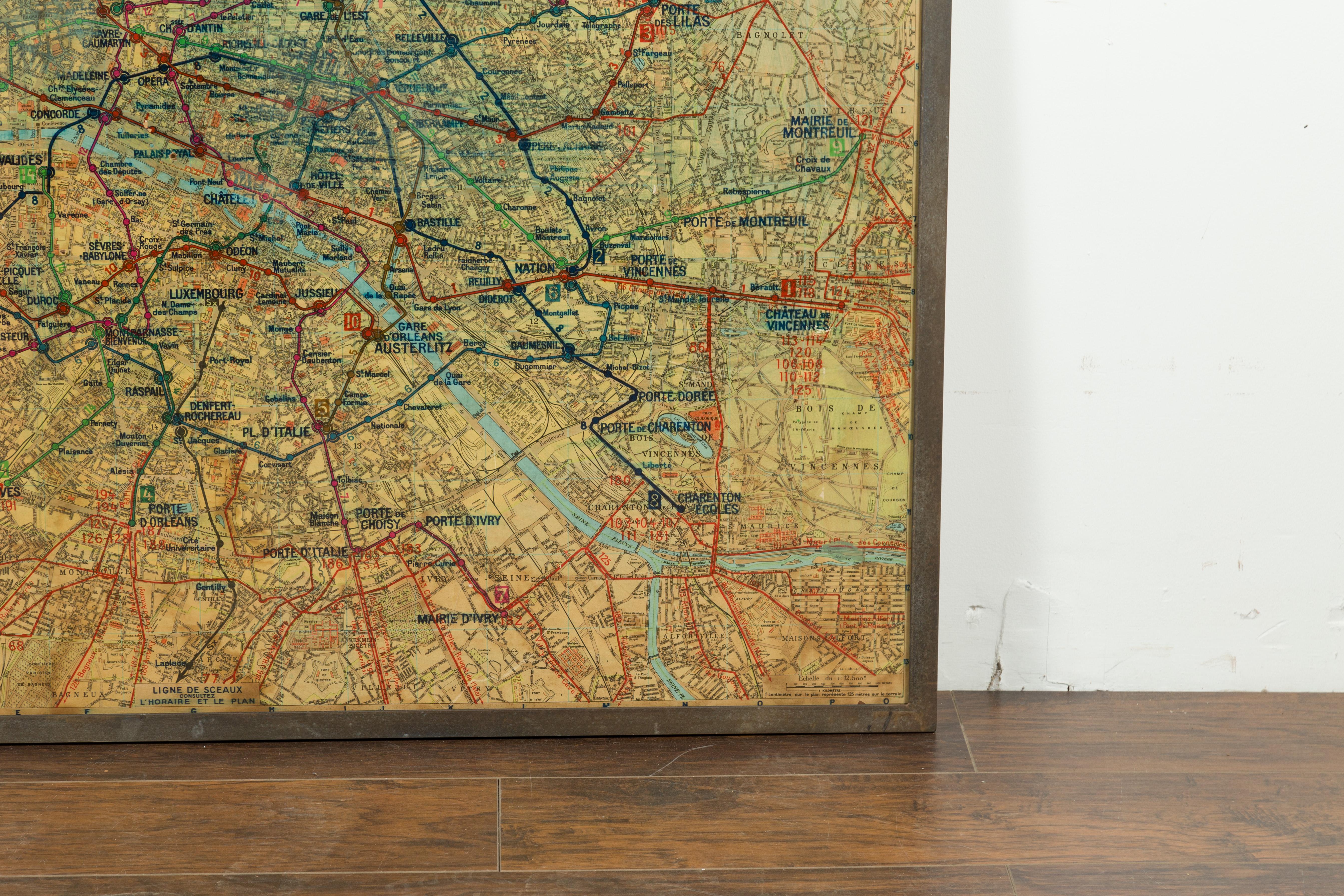Mid-Century Modern Large French 1950s Paris Metro Map Under Glass with Custom Made Iron Frame