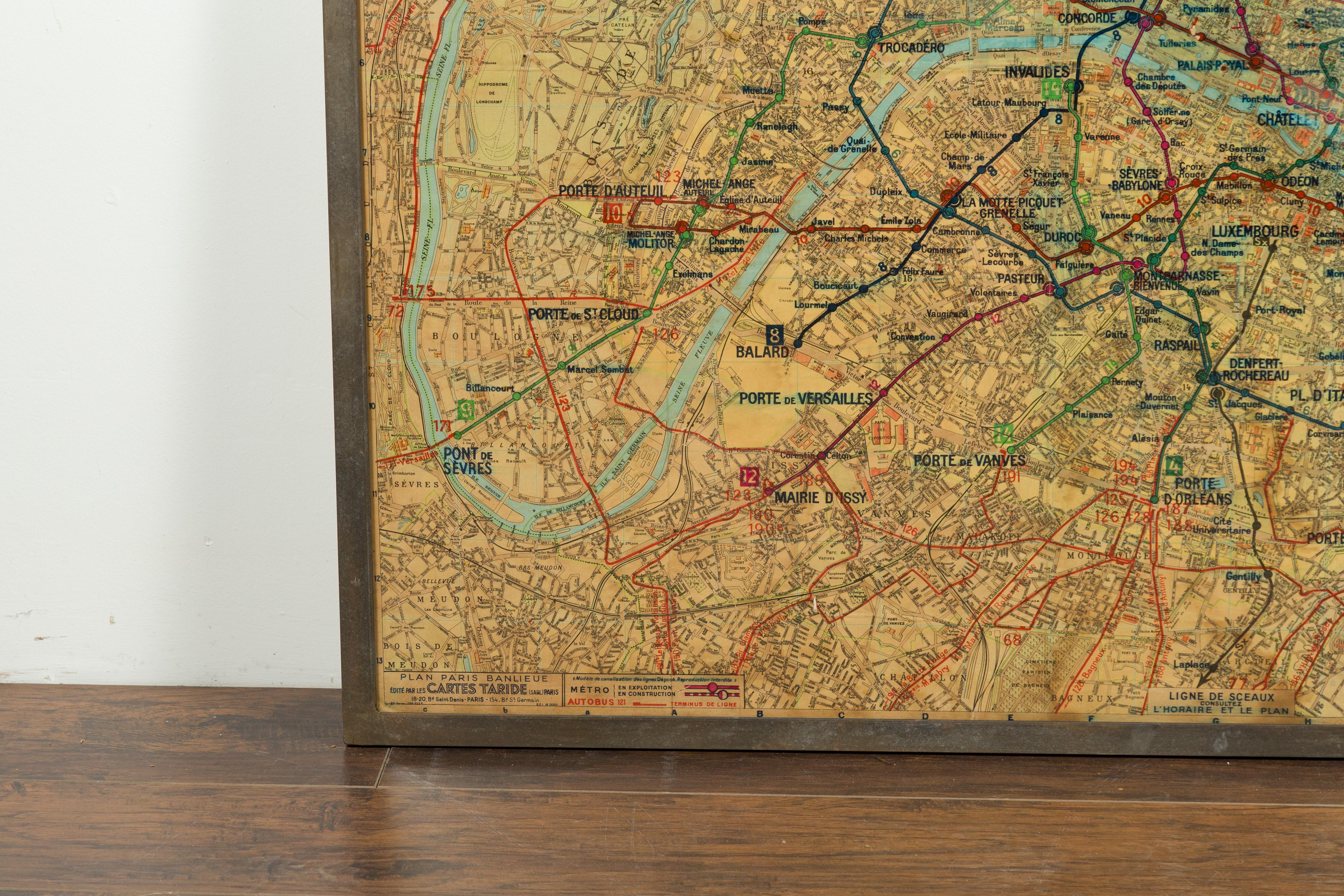 Large French 1950s Paris Metro Map Under Glass with Custom Made Iron Frame In Good Condition In Atlanta, GA