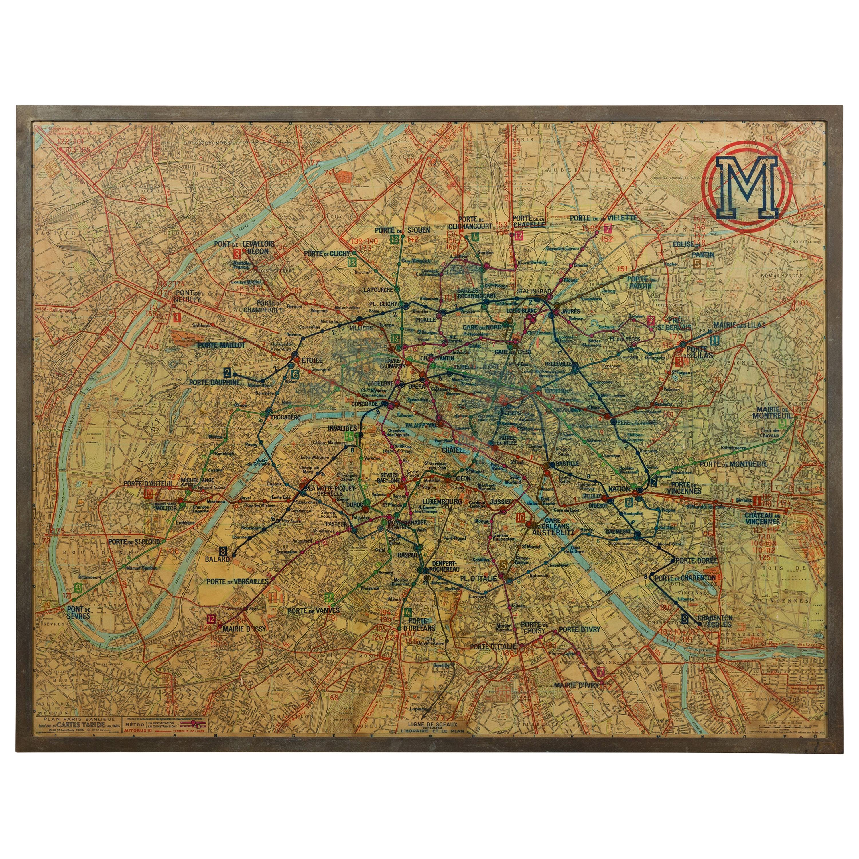 Large French 1950s Paris Metro Map Under Glass with Custom Made Iron Frame