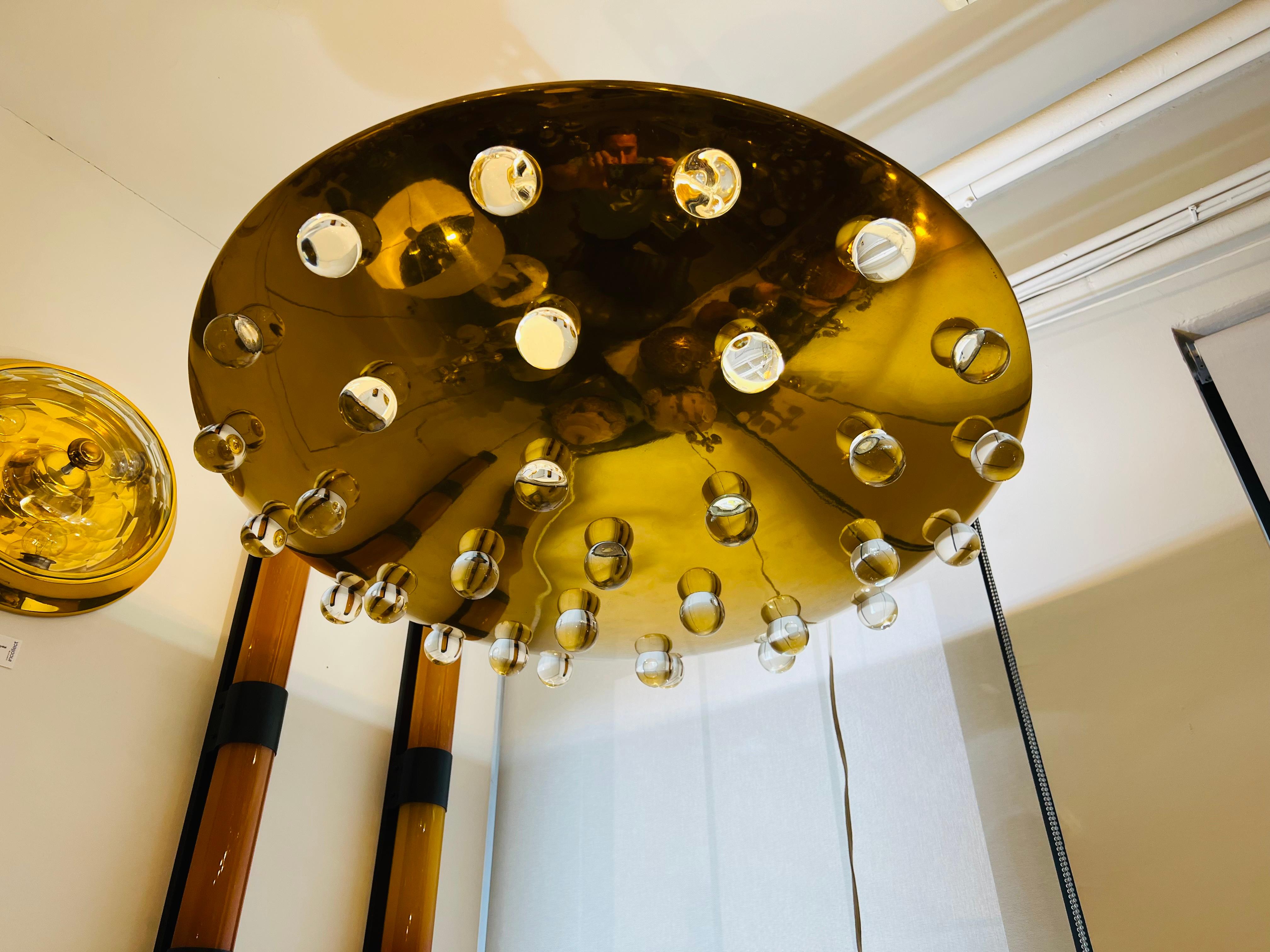 Large French 1960s Golden Crystal Orb Pendant Flush Ceiling Light 6