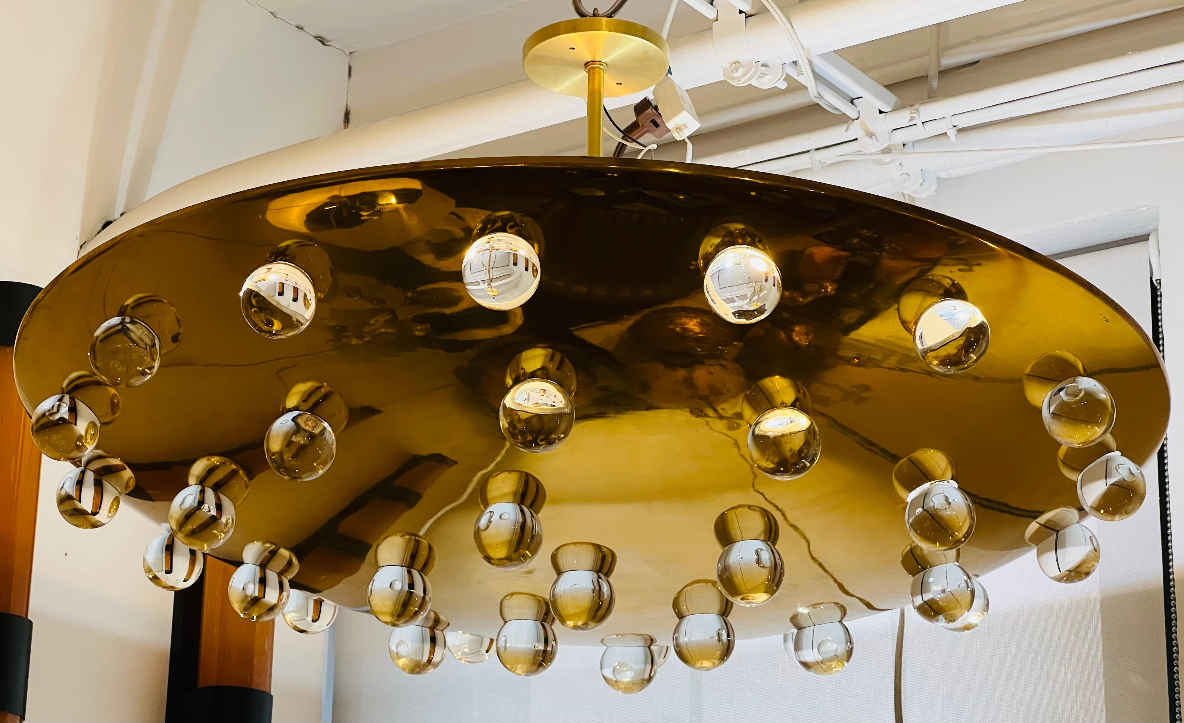 Large French 1960s Golden Crystal Orb Pendant Flush Ceiling Light In Excellent Condition In New York, NY