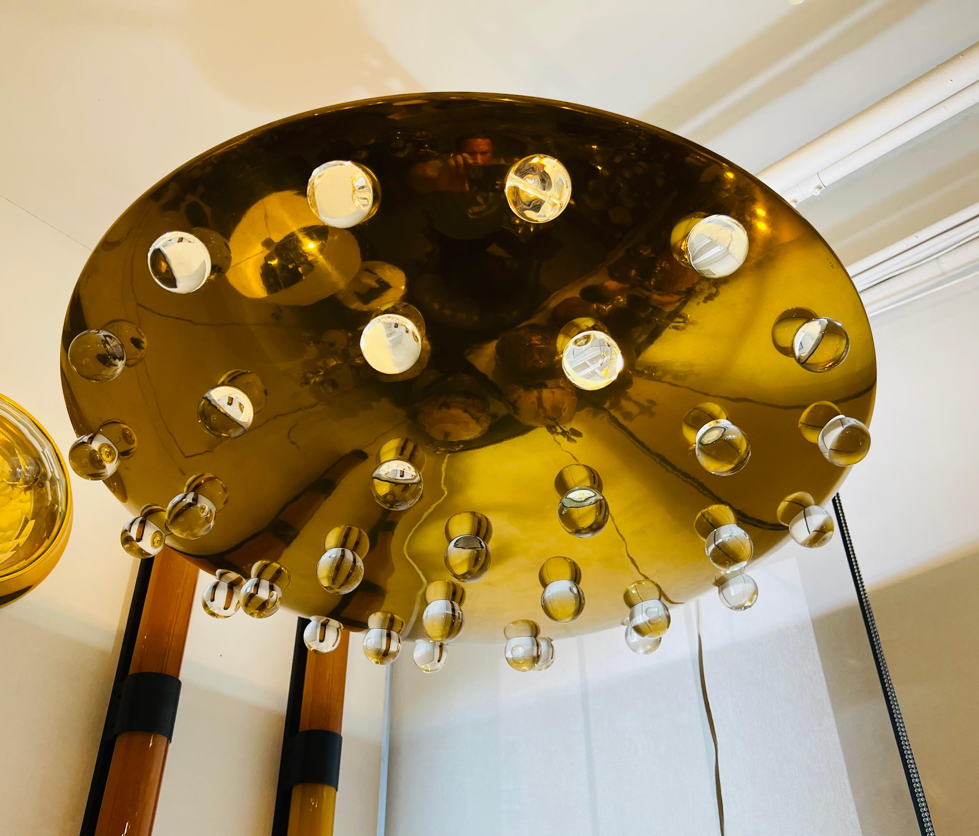 Brass Large French 1960s Golden Crystal Orb Pendant Flush Ceiling Light