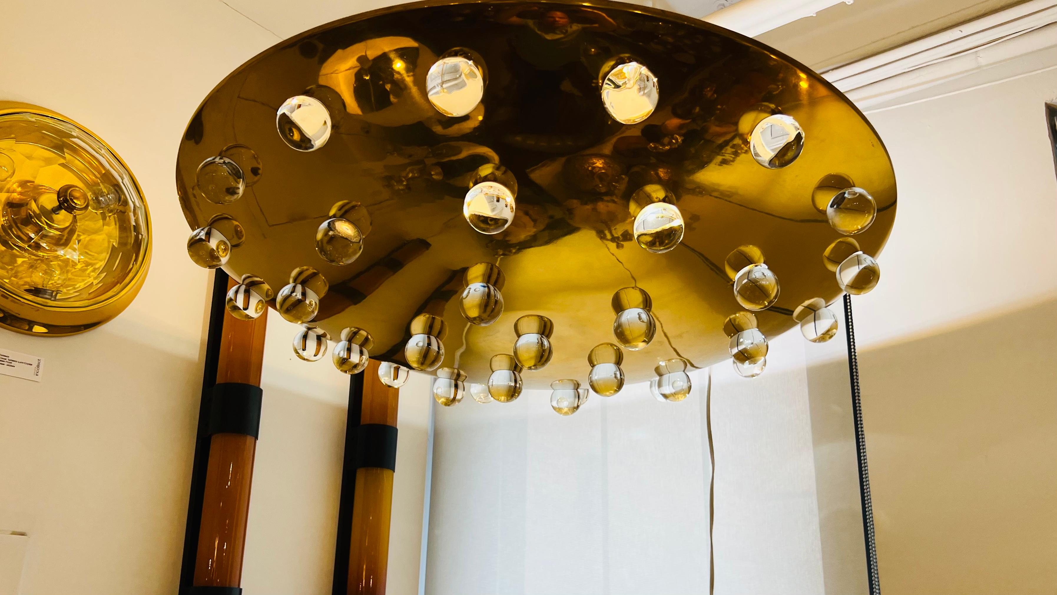 Large French 1960s Golden Crystal Orb Pendant Flush Ceiling Light 2