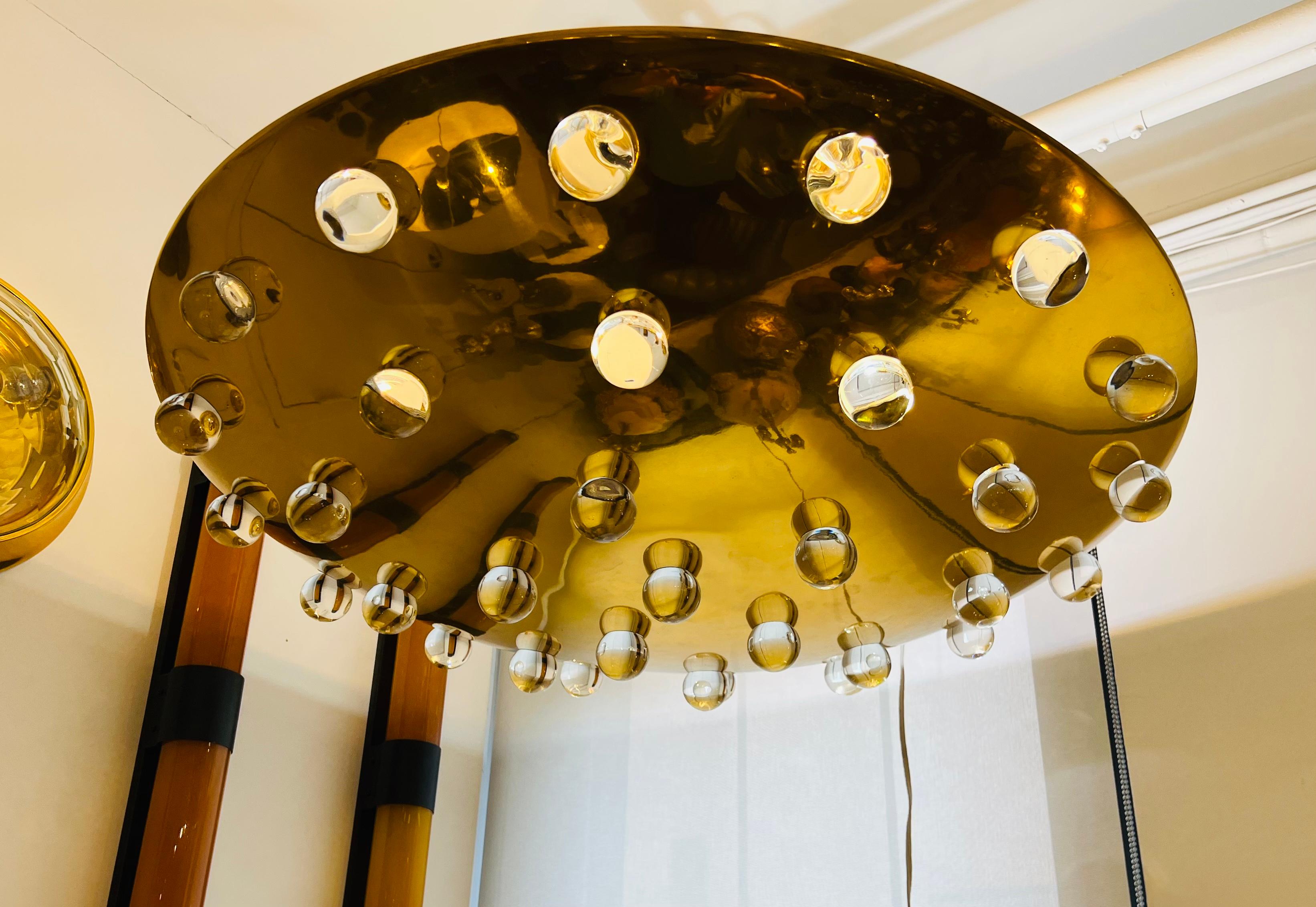 Large French 1960s Golden Crystal Orb Pendant Flush Ceiling Light 3