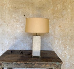 Large French 1960s Rectangular Travertine Lamp on a Brass Base