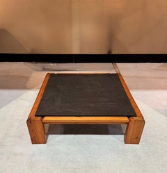 Large French 1970’s pine and slate coffee table
