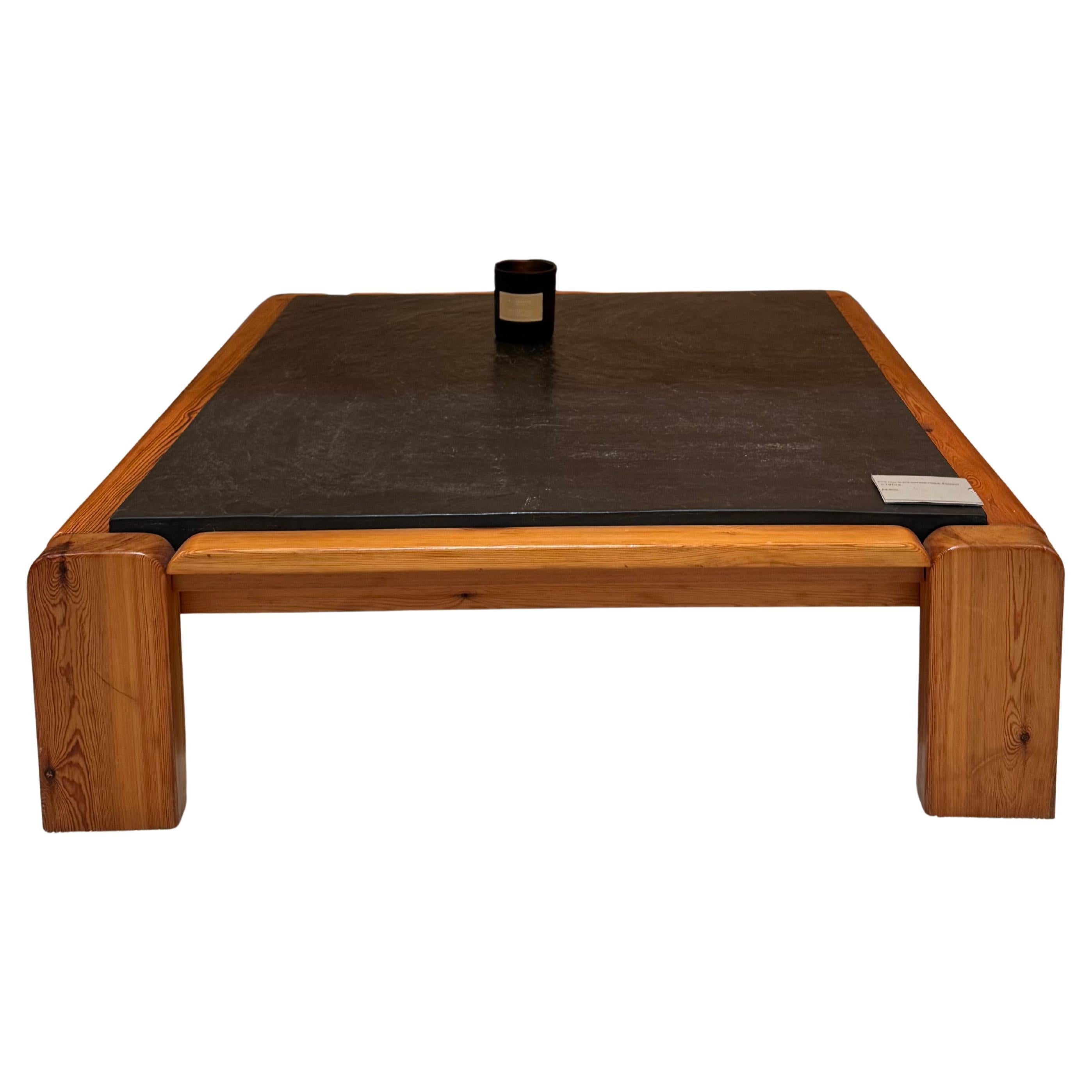 Large French 1970’s pine and slate coffee table