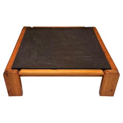 Large French 1970’s pine and slate coffee table