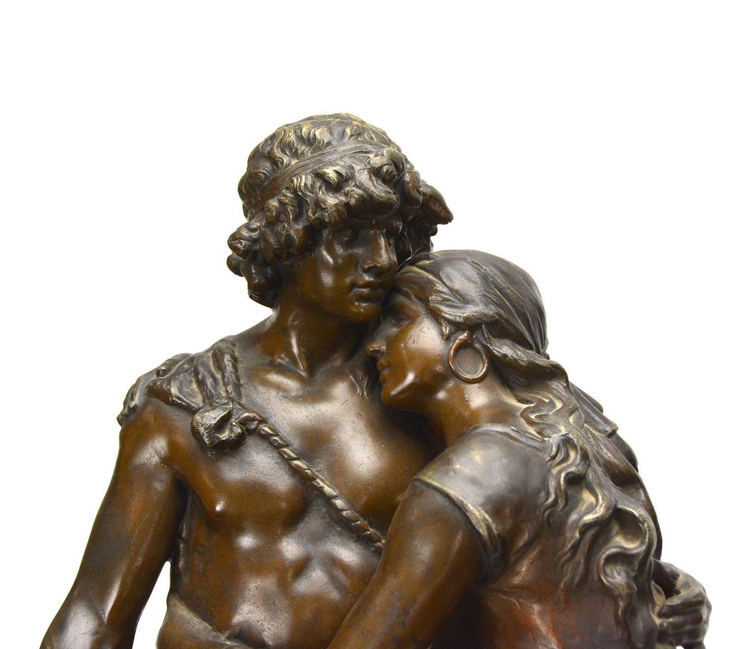 19th Century Large French 19th C Bronze Intimate Couple Figure Marble Base 8 Day Mantle Clock For Sale