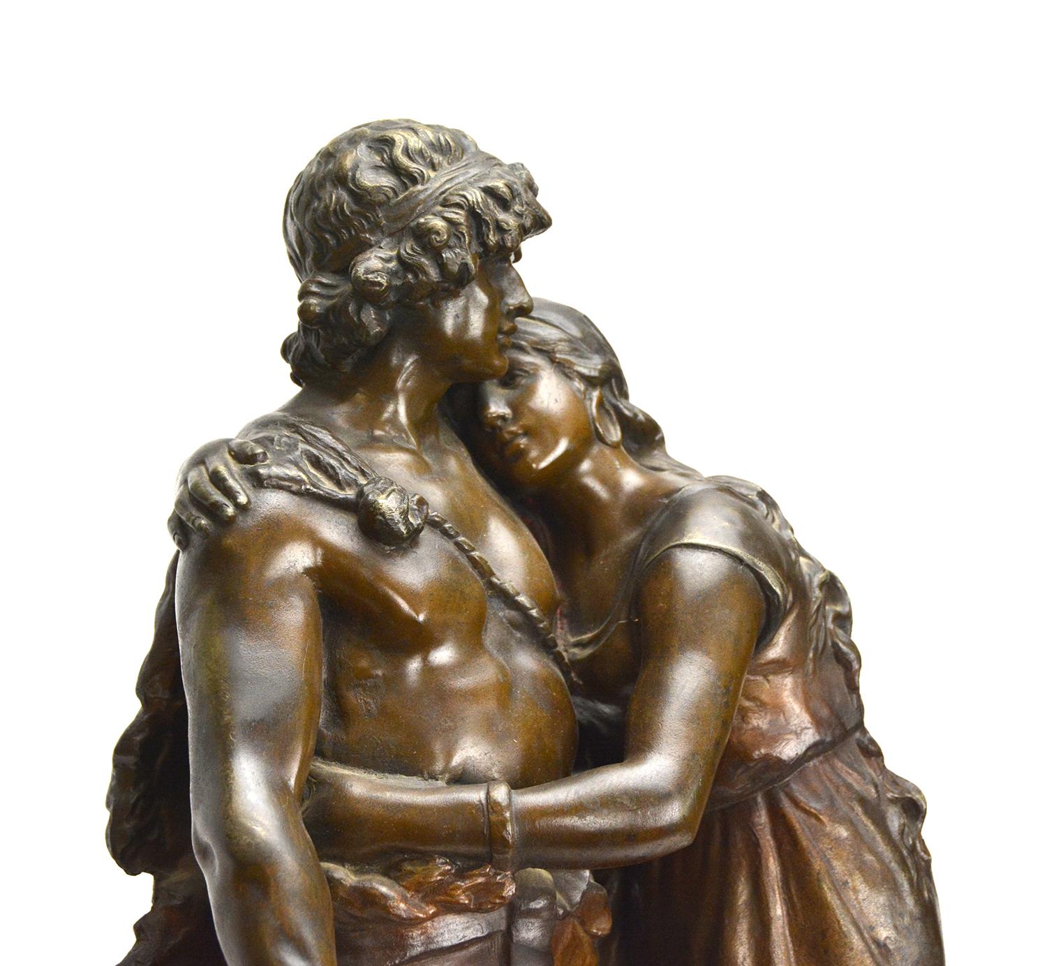 Large French 19th C Bronze Intimate Couple Figure Marble Base 8 Day Mantle Clock For Sale 1