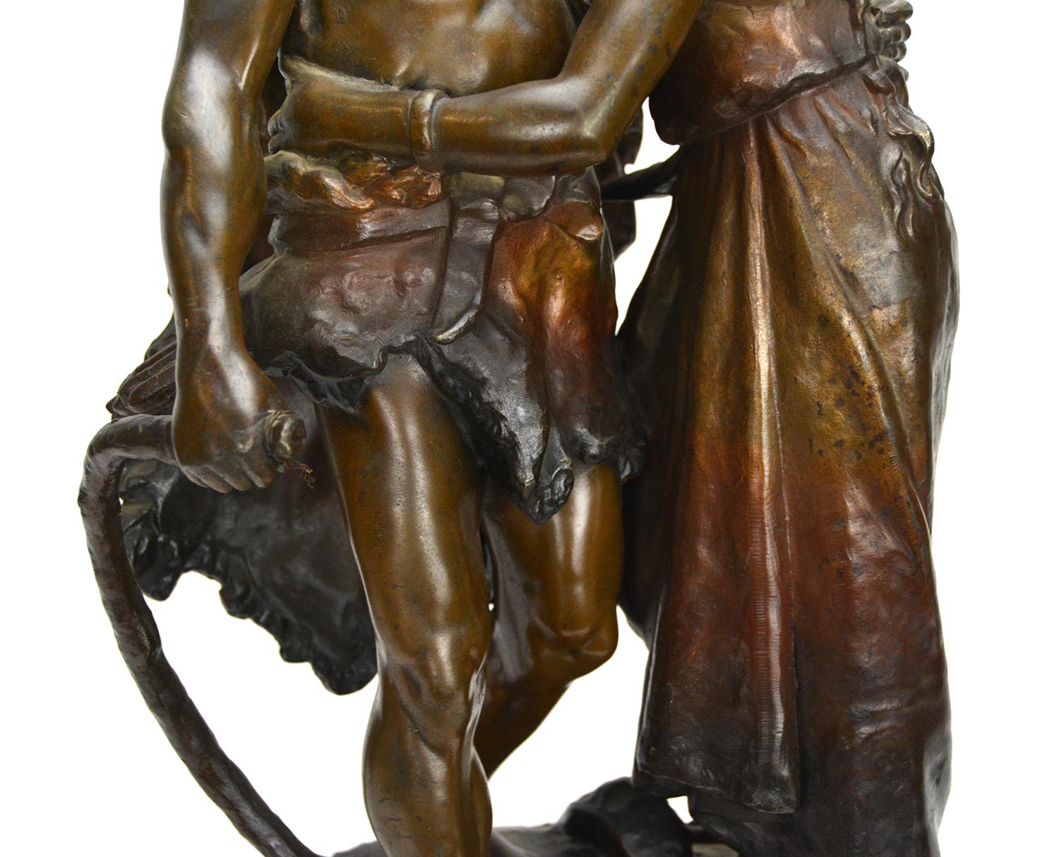 Large French 19th C Bronze Intimate Couple Figure Marble Base 8 Day Mantle Clock For Sale 2