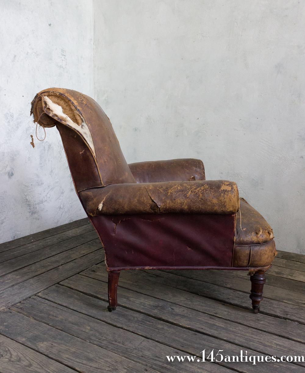 Large French 19th Century Leather Armchair In Distressed Condition For Sale In Buchanan, NY