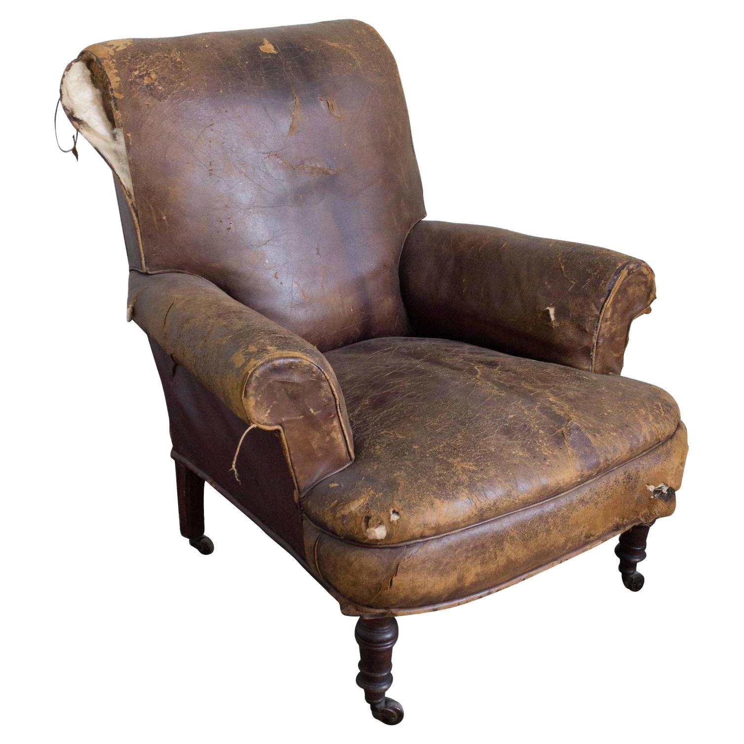 Large French 19th Century Leather Armchair For Sale