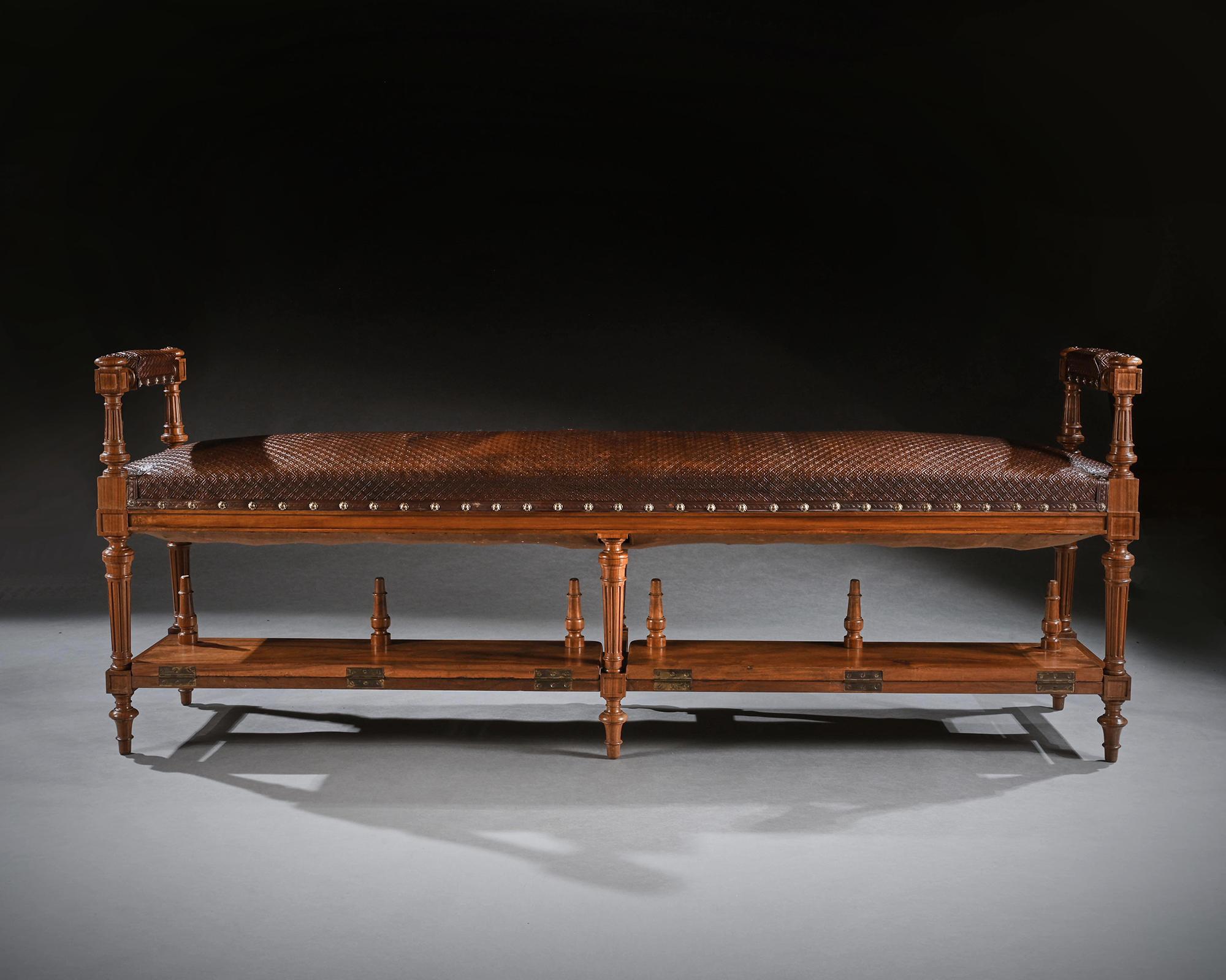 Louis XVI Large French 19th C Walnut & Embossed Leather Billiard Room Bench 'Banquette De
