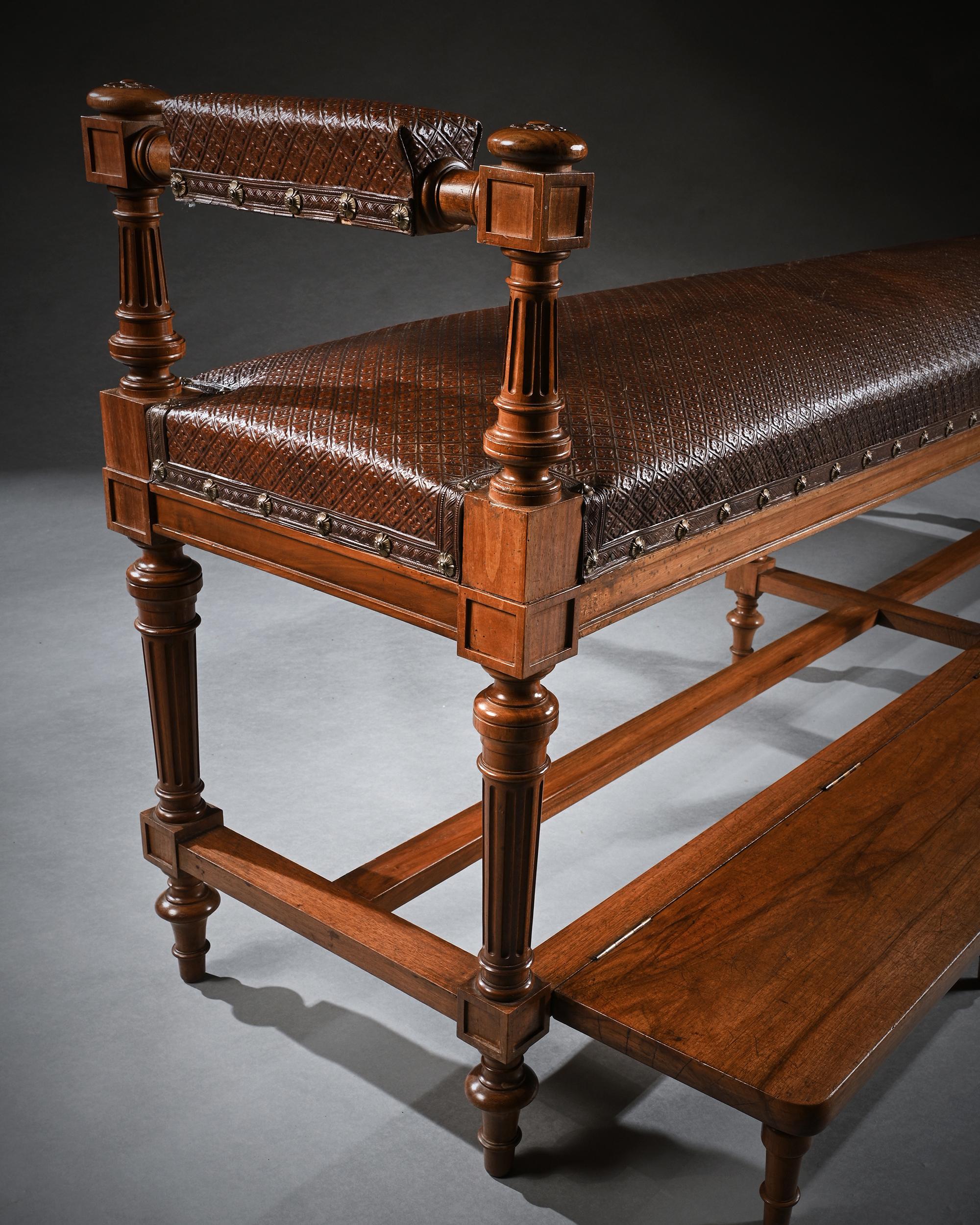 19th Century Large French 19th C Walnut & Embossed Leather Billiard Room Bench 'Banquette De