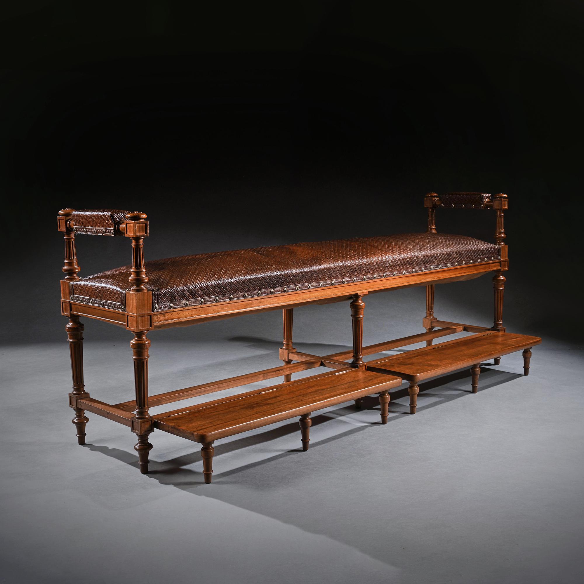 Large French 19th C Walnut & Embossed Leather Billiard Room Bench 'Banquette De 2