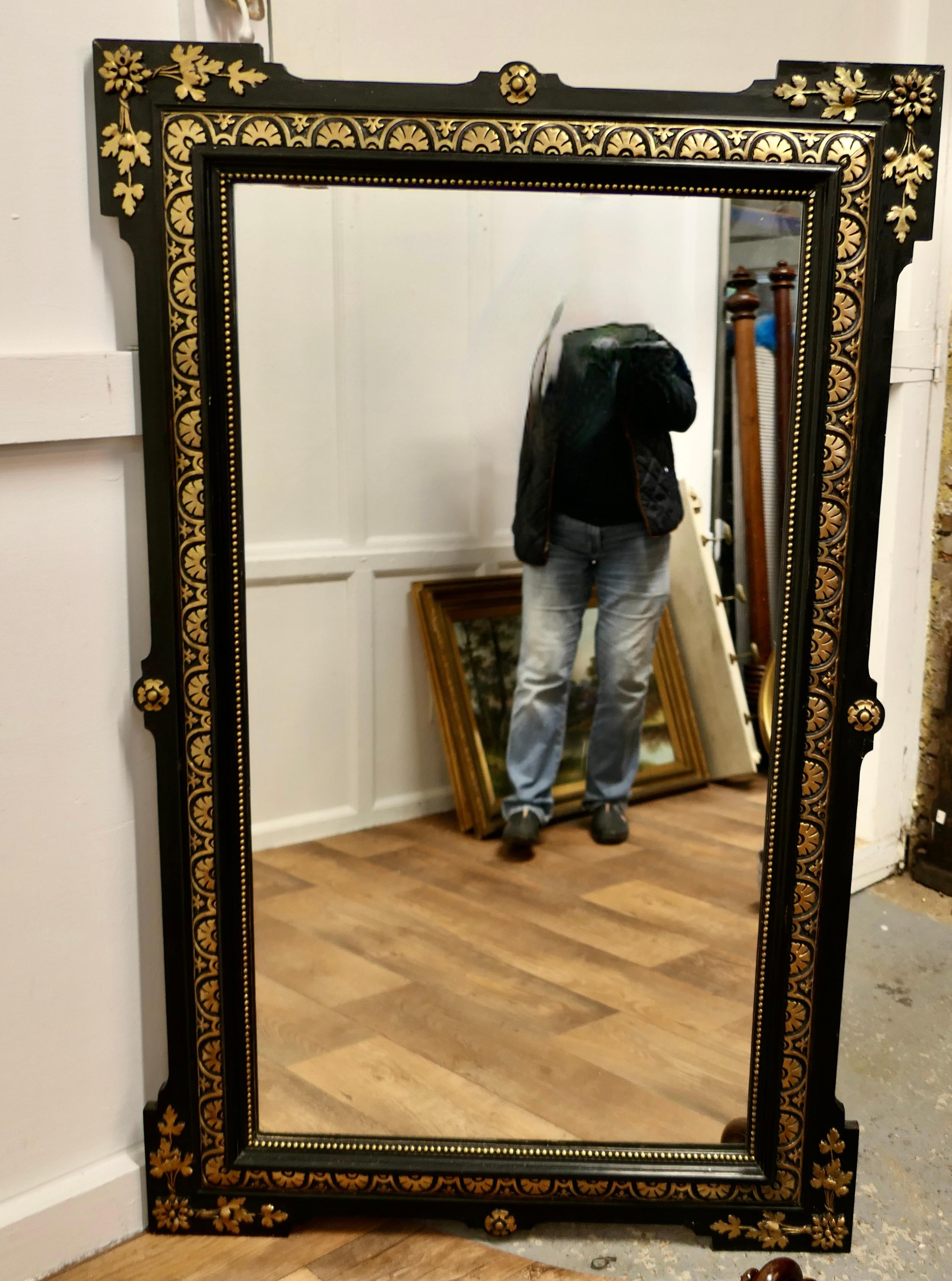 French Provincial Large French 19th Century Black and Detailed Gold Overmantel Mirror