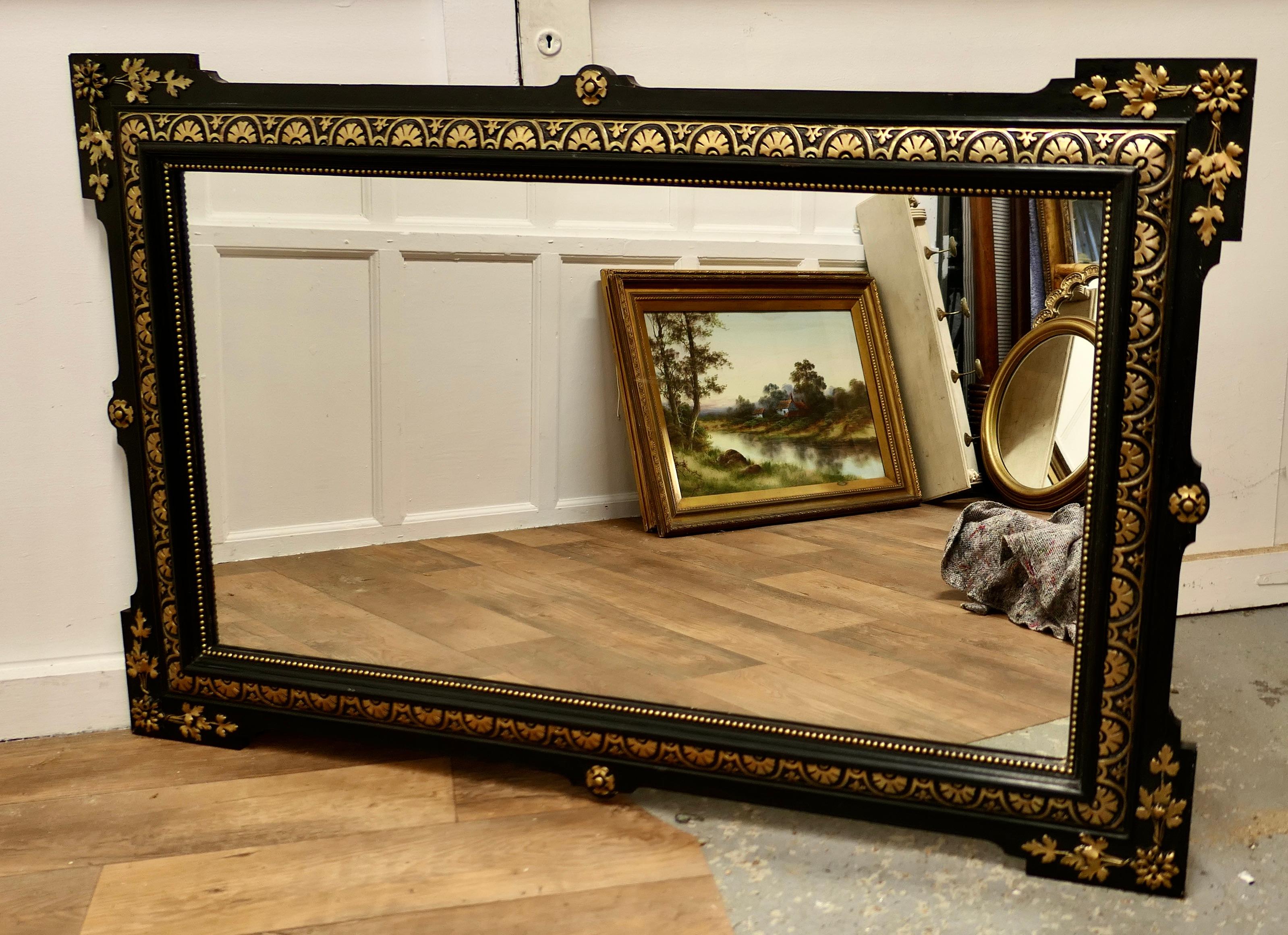 Lacquer Large French 19th Century Black and Detailed Gold Overmantel Mirror
