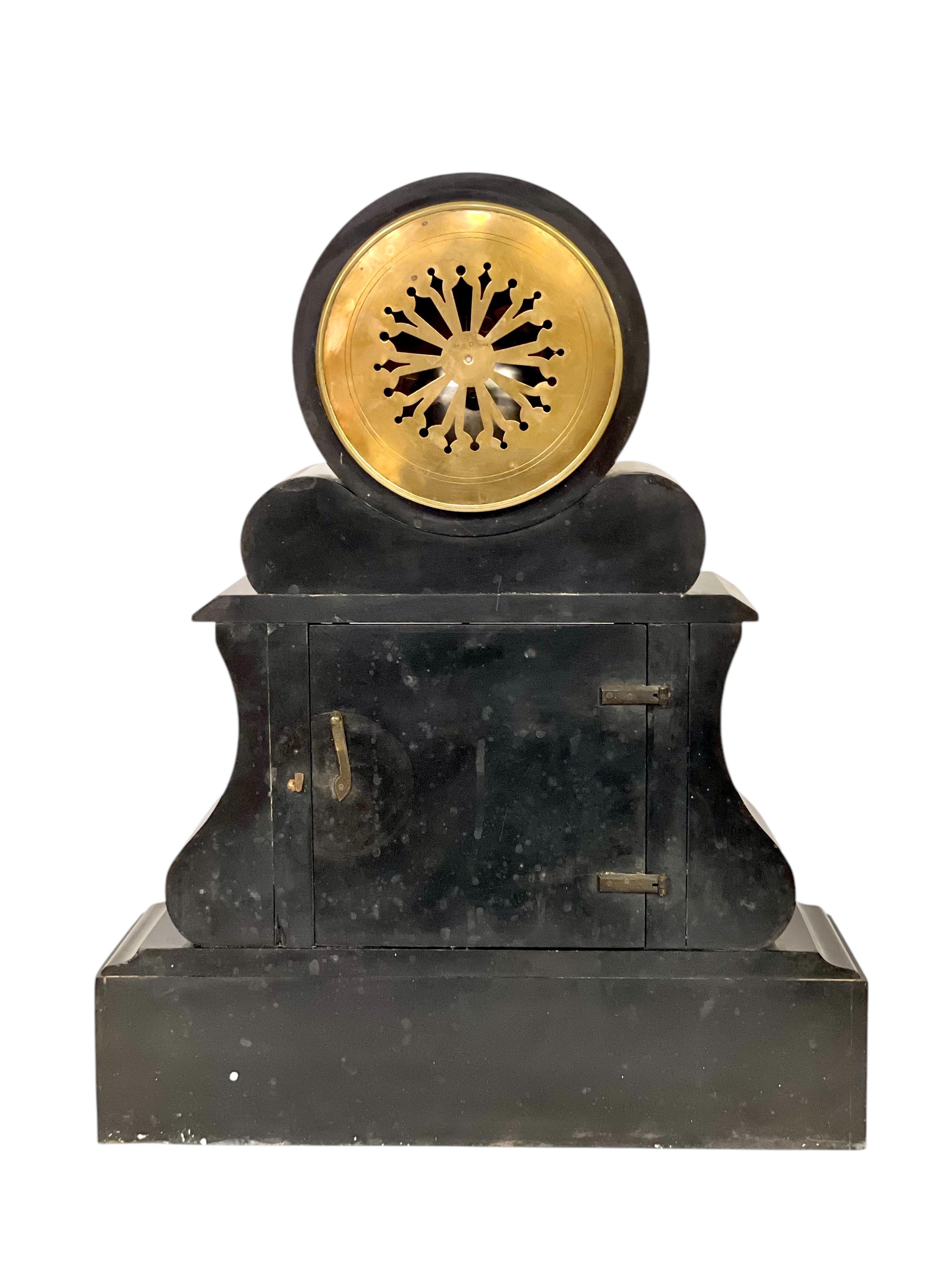 Large French 19th Century Black and Green Marble Clock Garniture For Sale 4