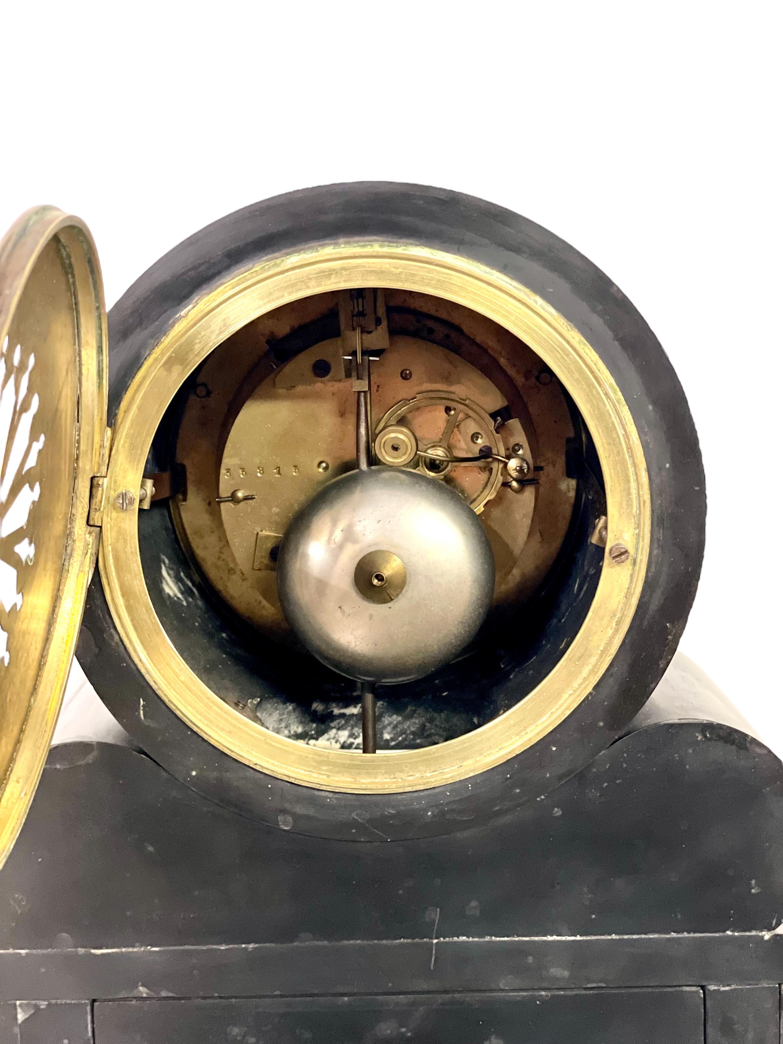 Large French 19th Century Black and Green Marble Clock Garniture For Sale 5