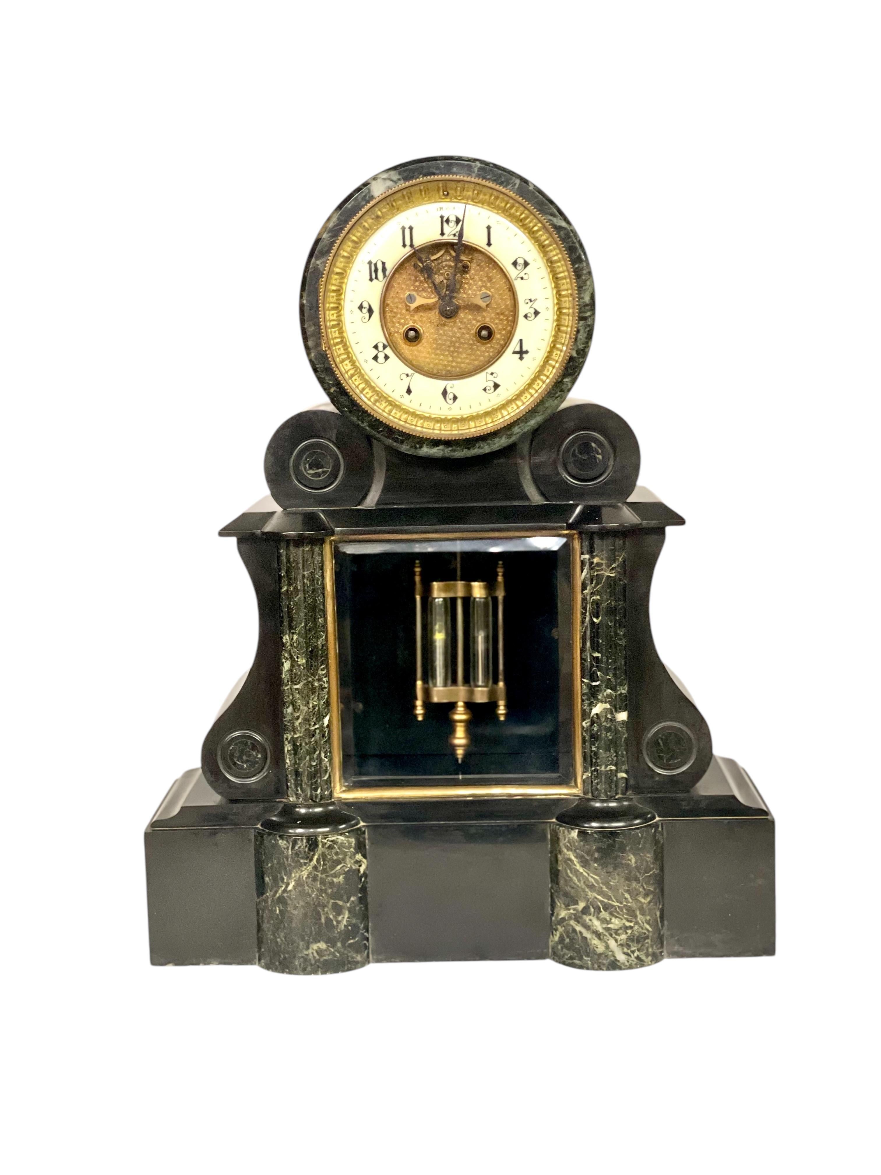 Large French 19th Century Black and Green Marble Clock Garniture For Sale 6