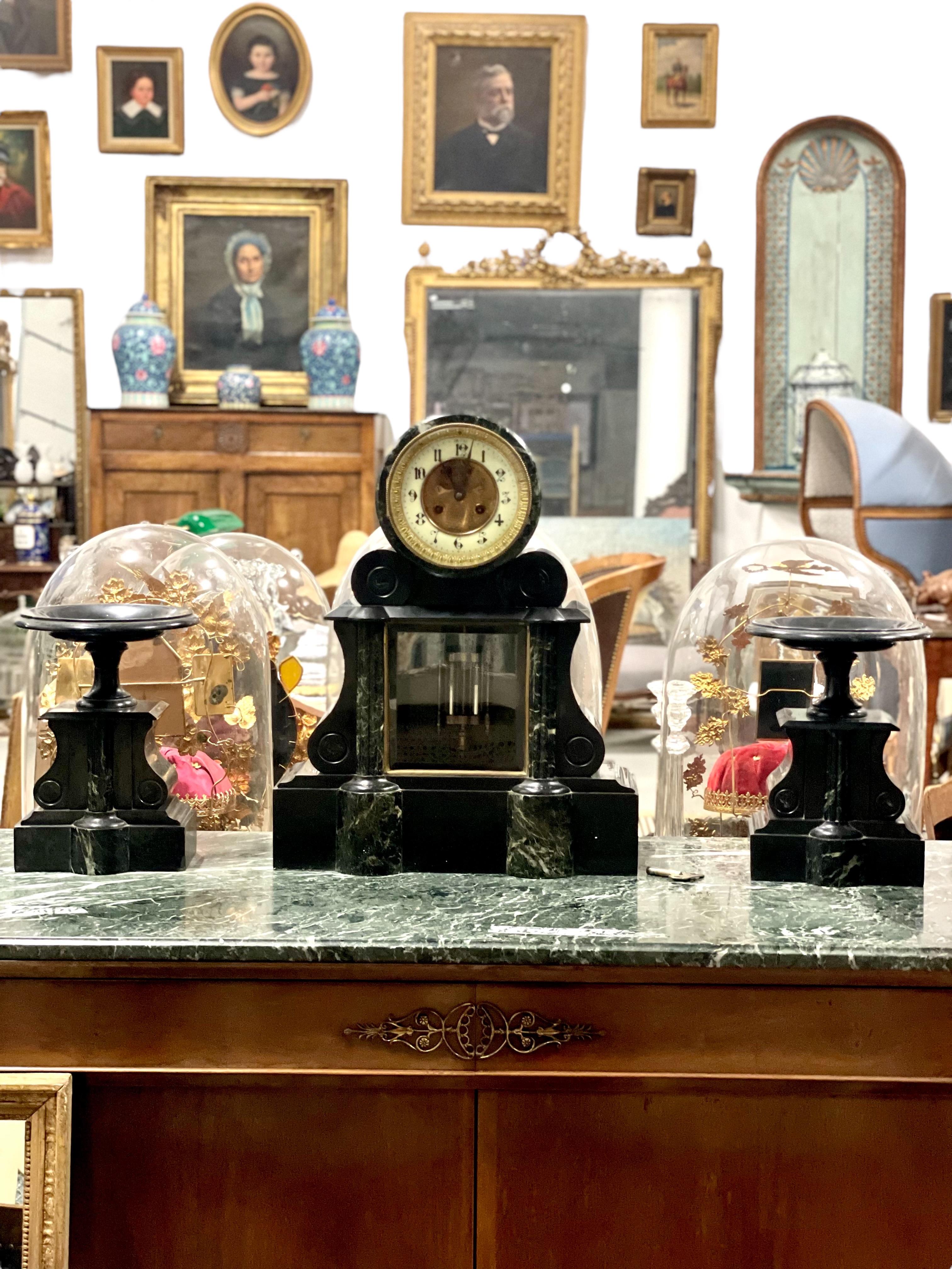 Large French 19th Century Black and Green Marble Clock Garniture For Sale 10