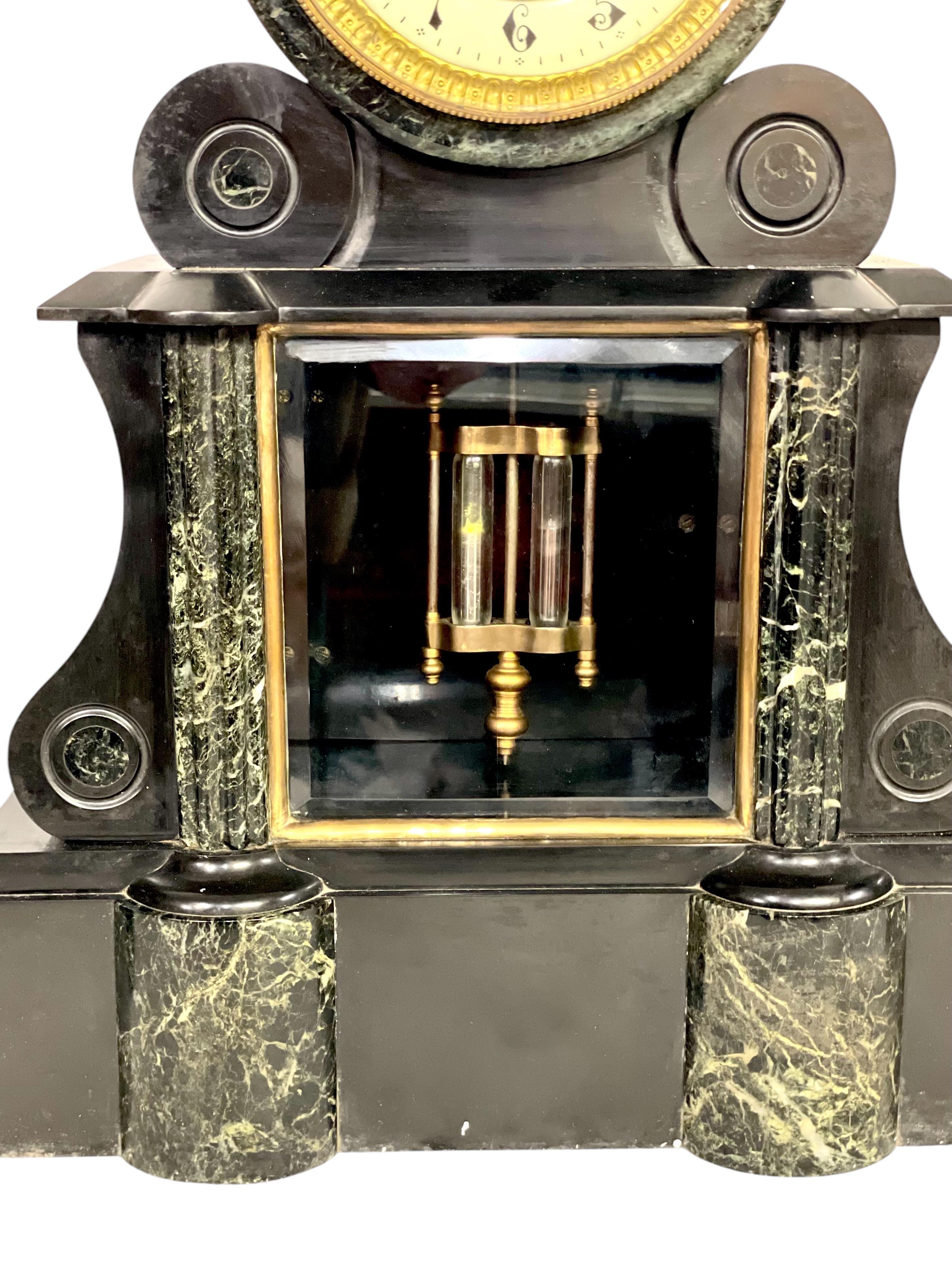 Napoleon III Large French 19th Century Black and Green Marble Clock Garniture For Sale