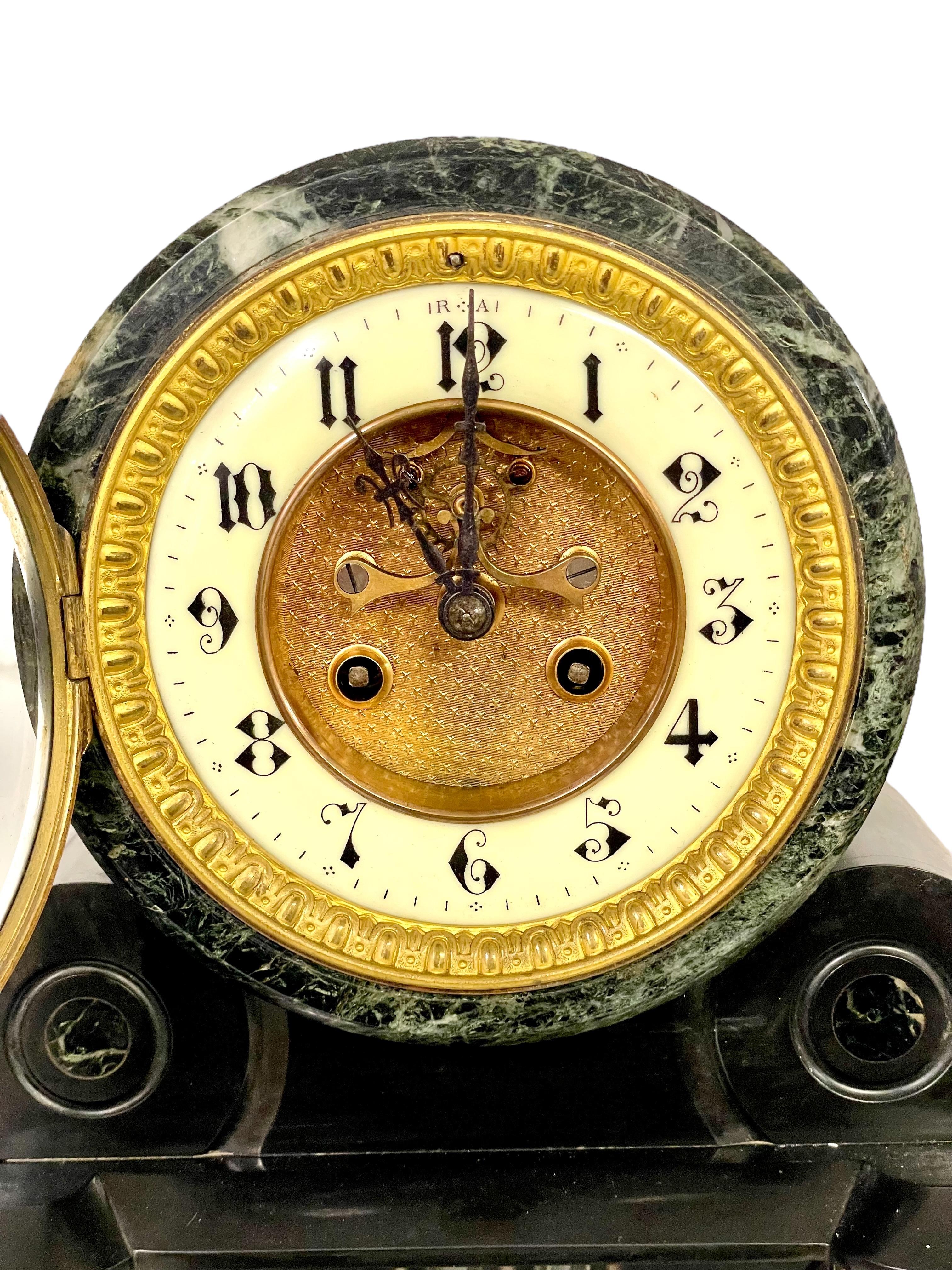 Gilt Large French 19th Century Black and Green Marble Clock Garniture For Sale