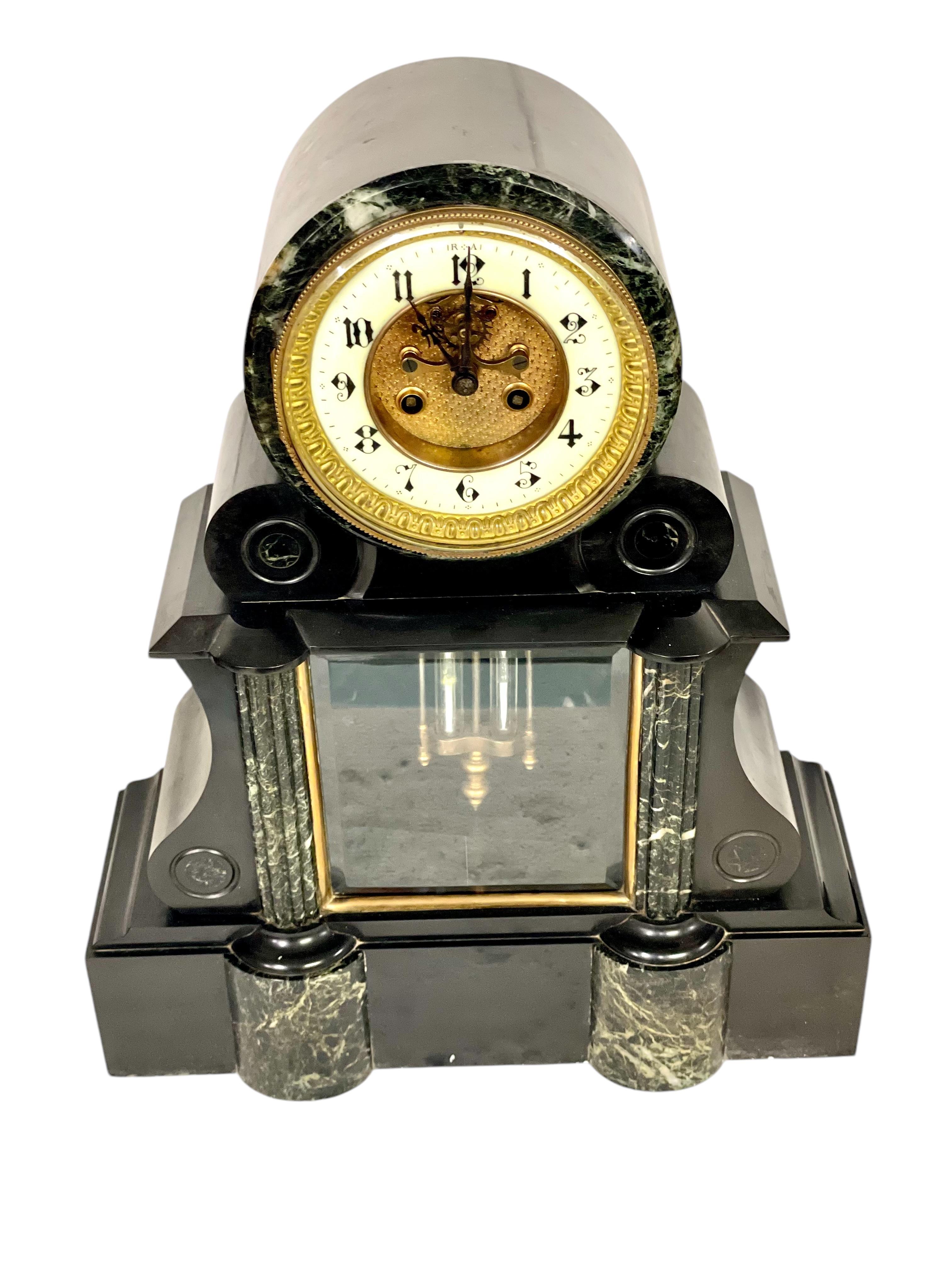 Bronze Large French 19th Century Black and Green Marble Clock Garniture For Sale