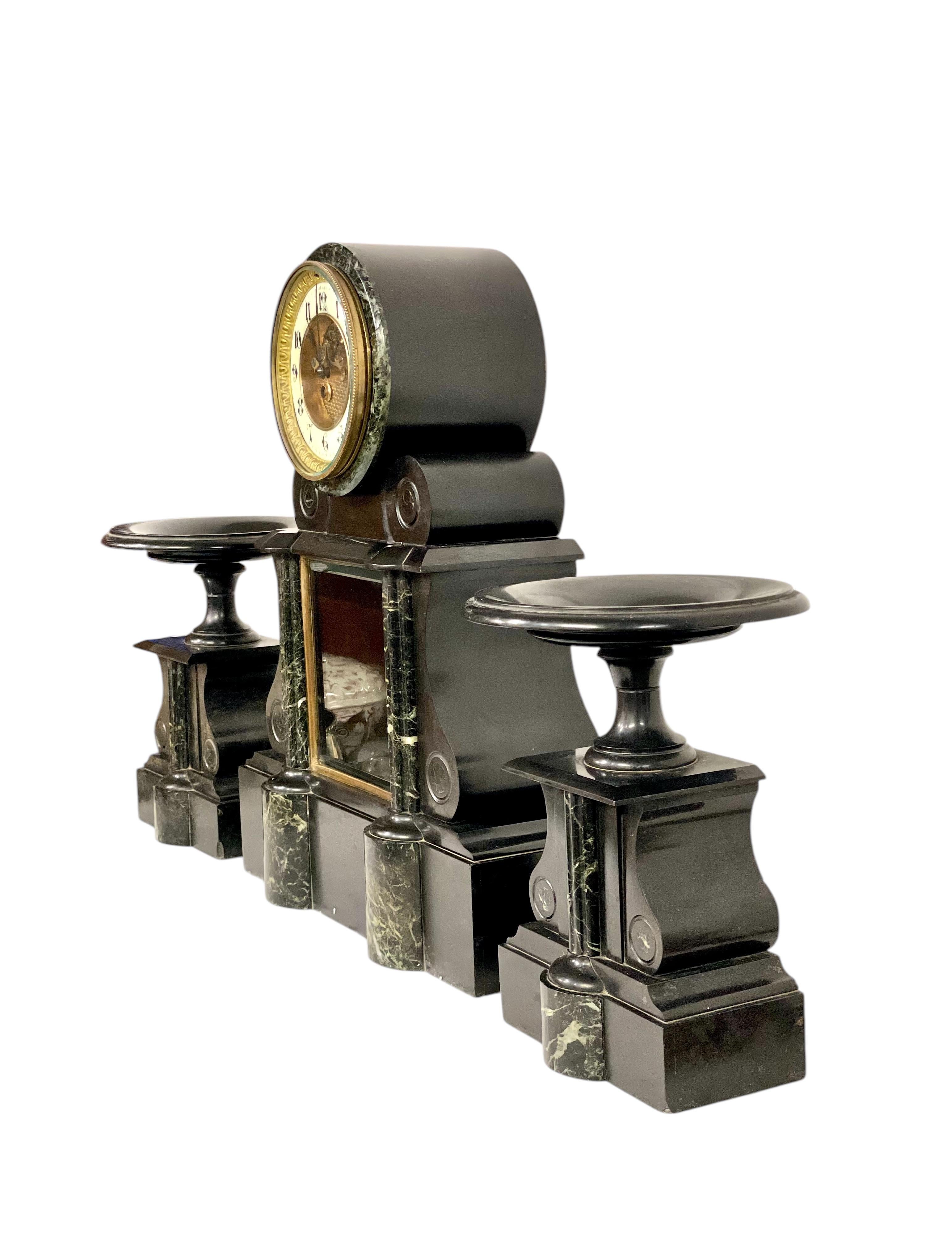 Large French 19th Century Black and Green Marble Clock Garniture For Sale 1