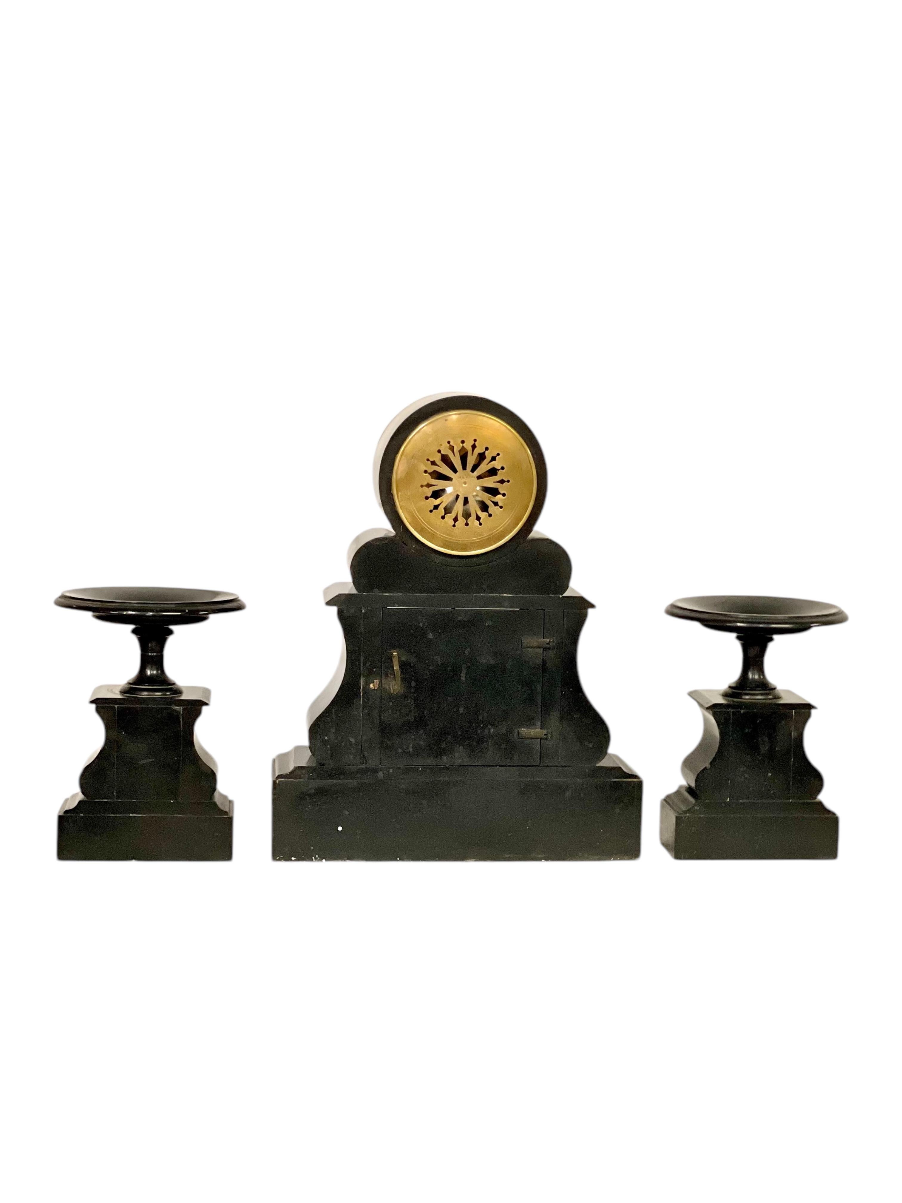 Large French 19th Century Black and Green Marble Clock Garniture For Sale 2