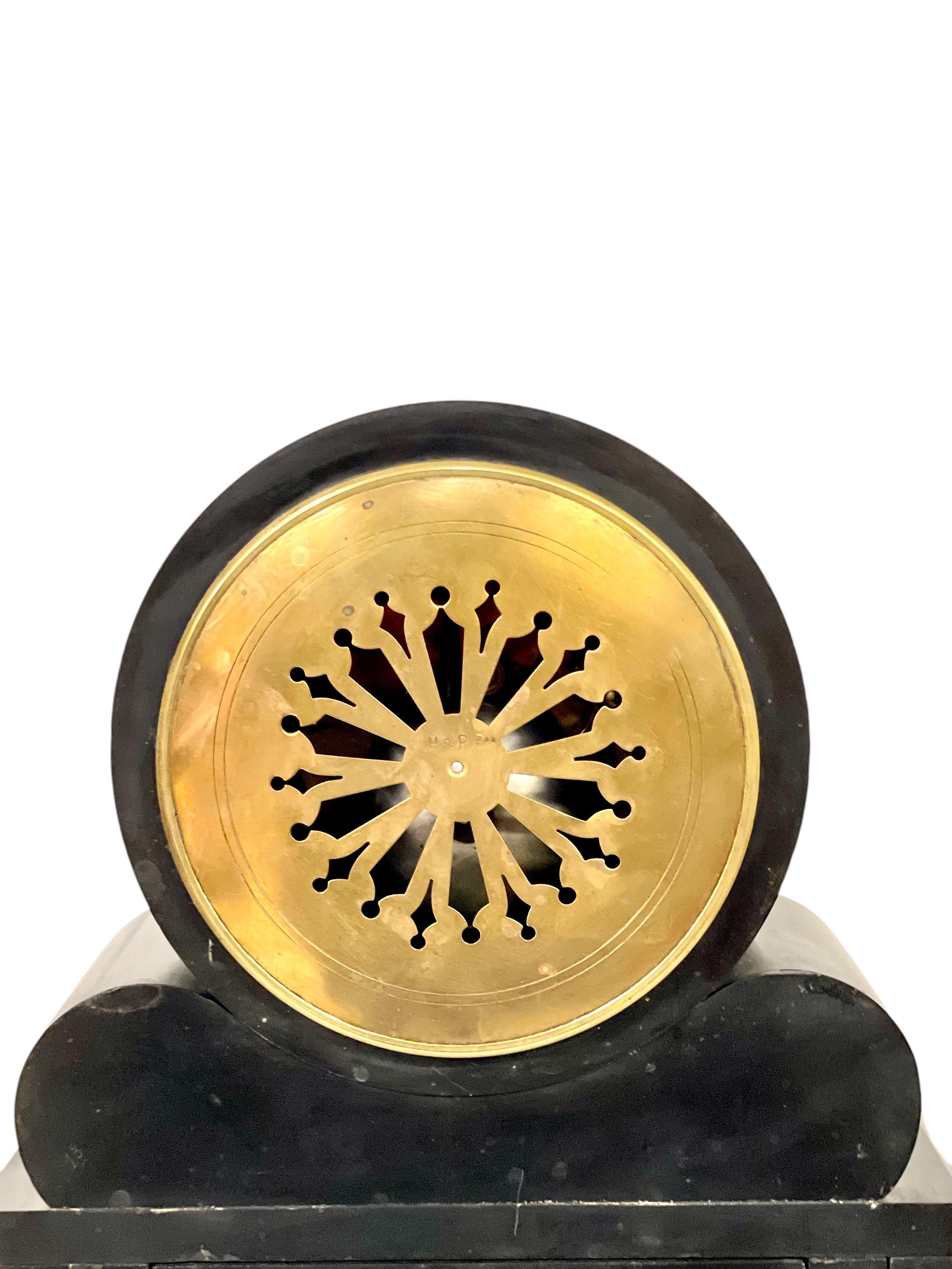 Large French 19th Century Black and Green Marble Clock Garniture For Sale 3